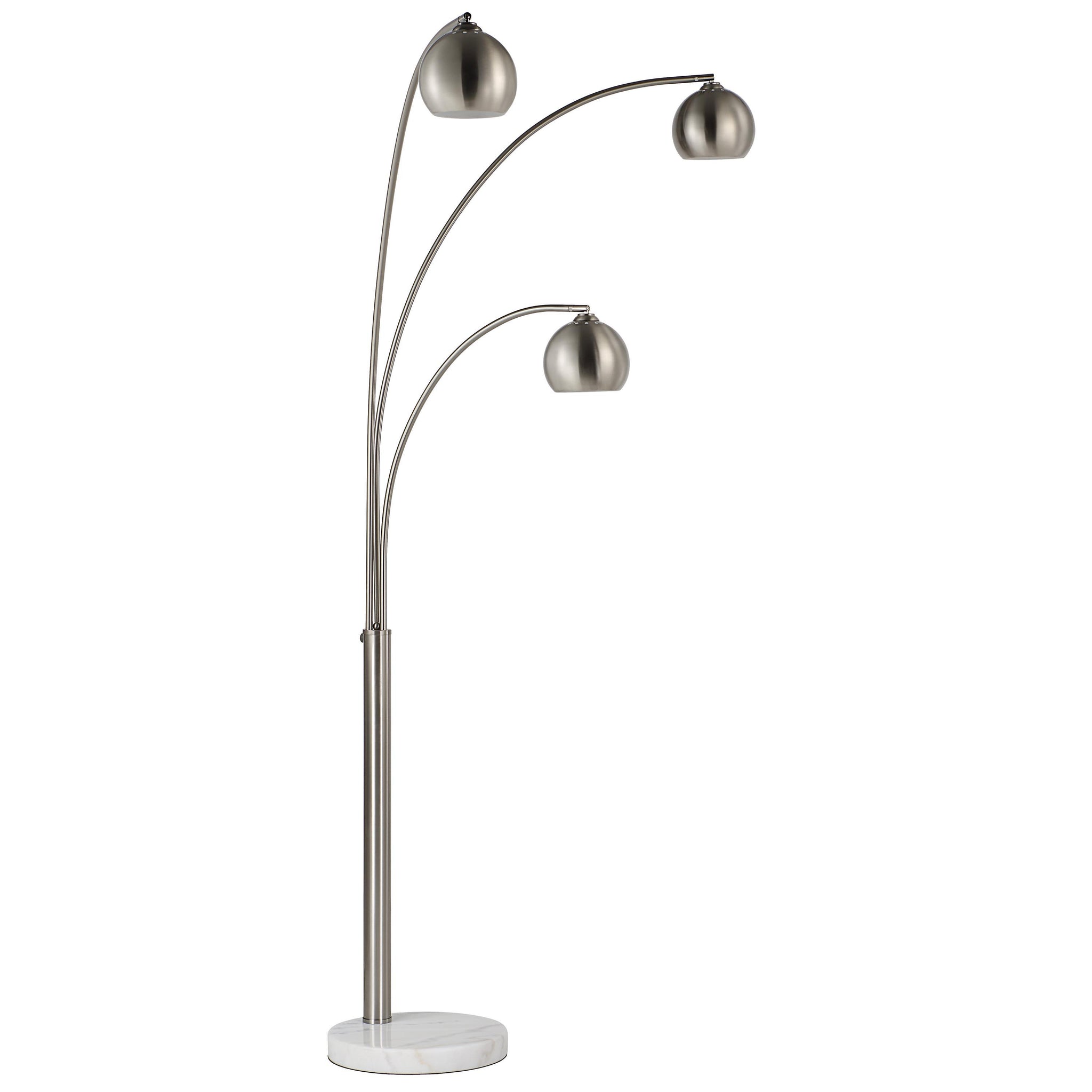Aguillard floor lamp with three curved arms and metallic shades, featuring a marble base.