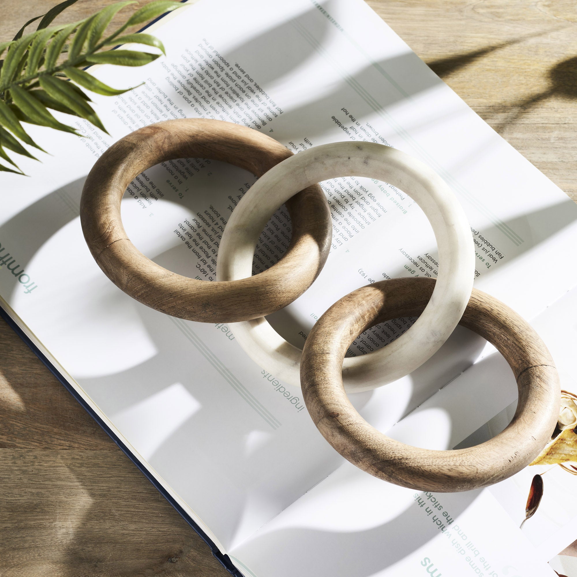 Lusine Decorative Object displayed on an open book, showcasing wooden and marble rings.