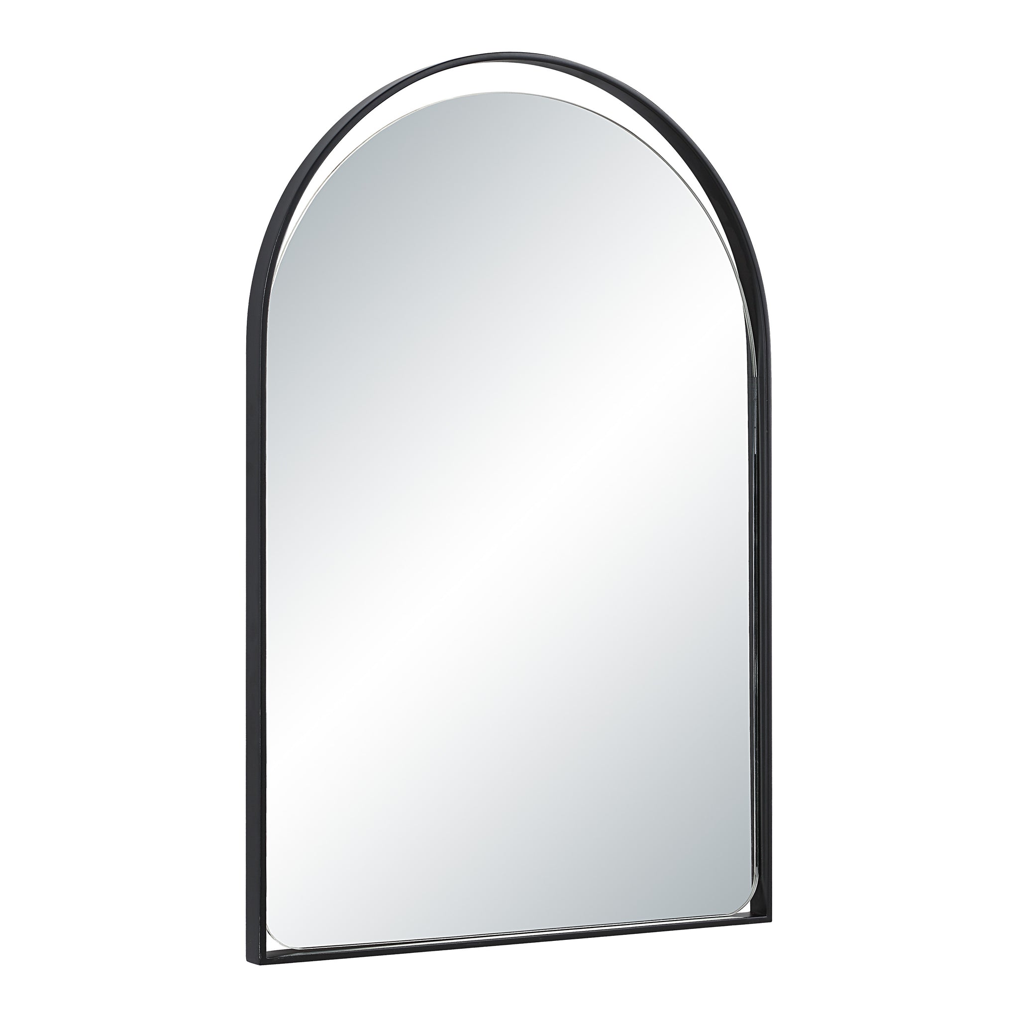 Maniola mirror in a black frame, angled view showcasing its arched design.