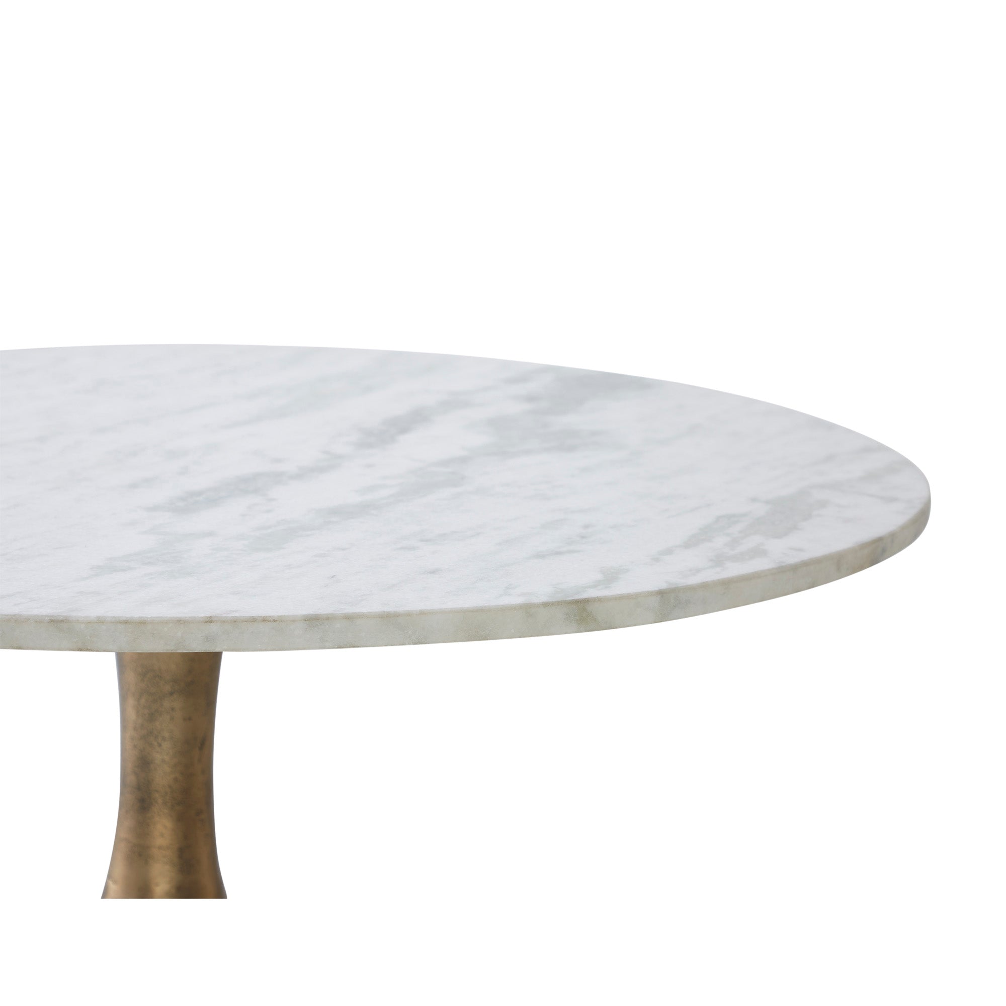 Lovisa Table featuring a close-up of the round white marble top with subtle veining.