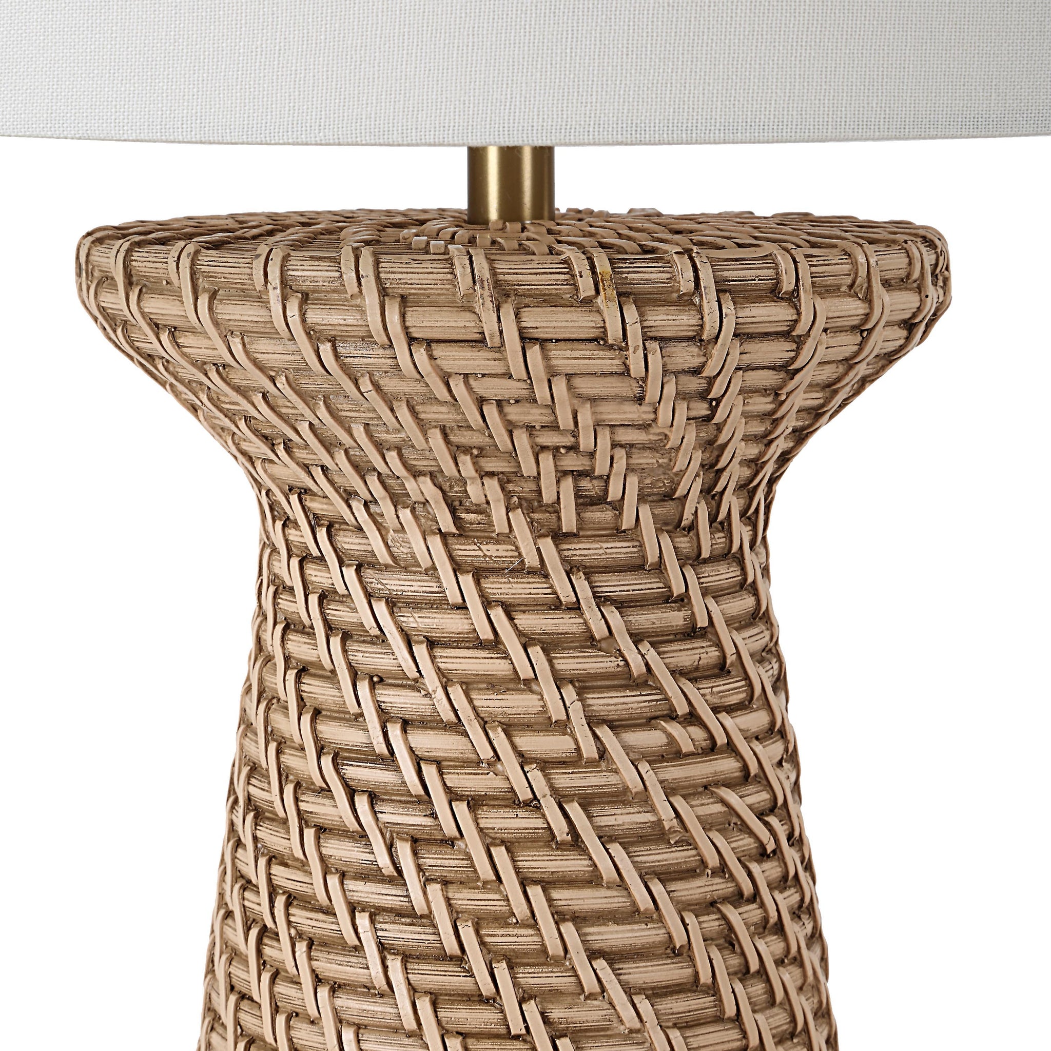 Close-up of Nathalie floor lamp's woven texture and white shade, highlighting craftsmanship.