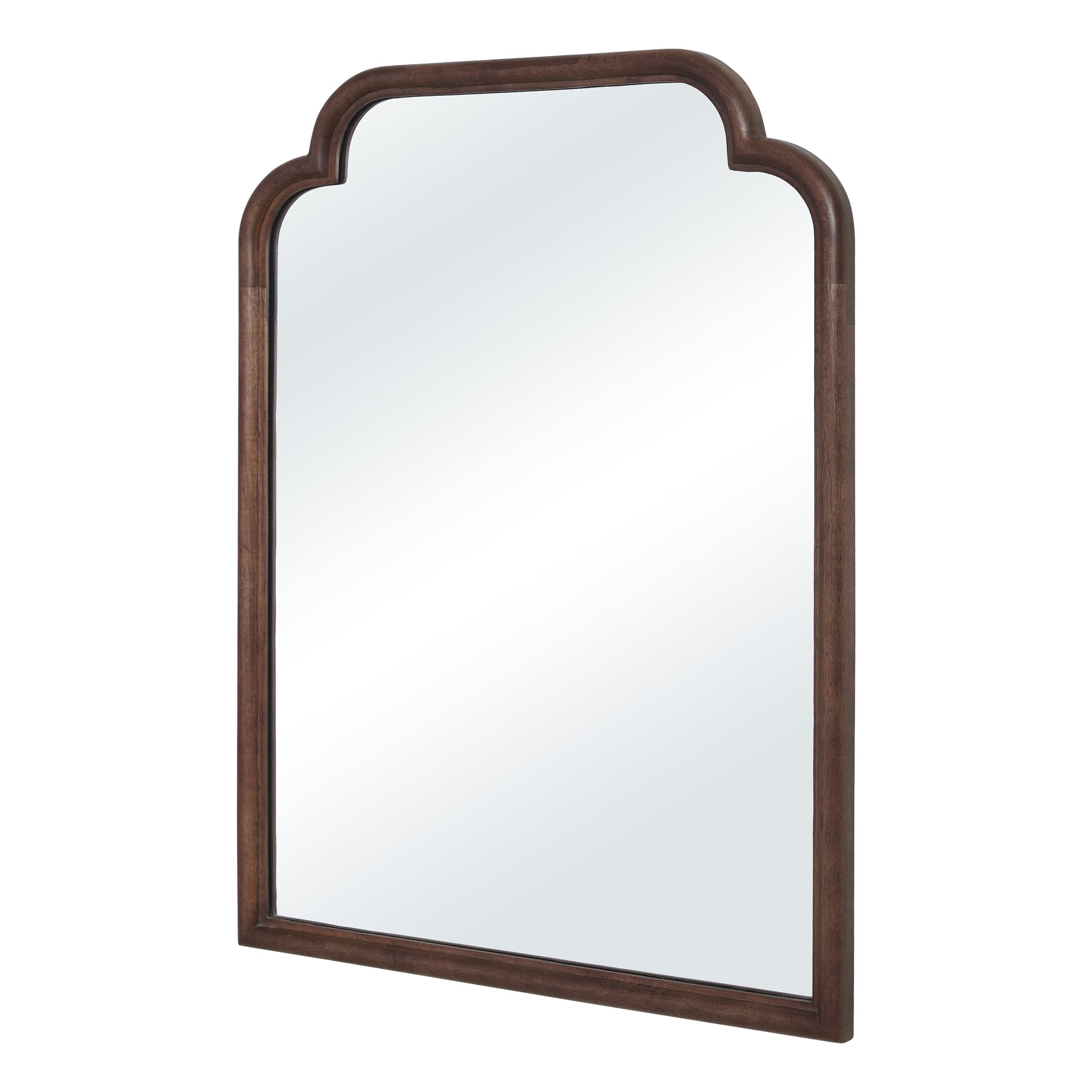 Octavian mirror angled view showcasing a brown wood frame and arched top.
