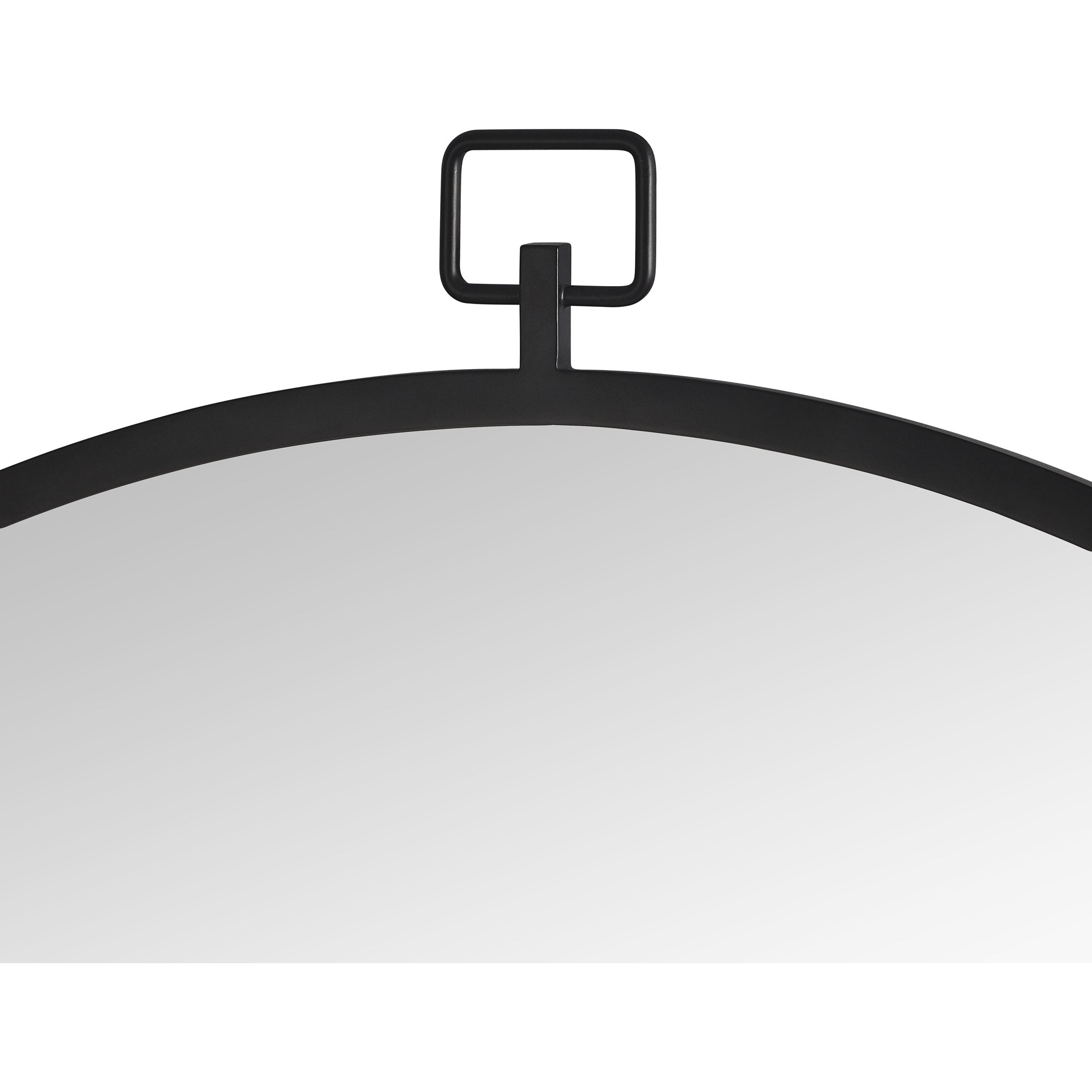 Rayden Wall Mirror top view featuring a black metal frame and hanging loop.