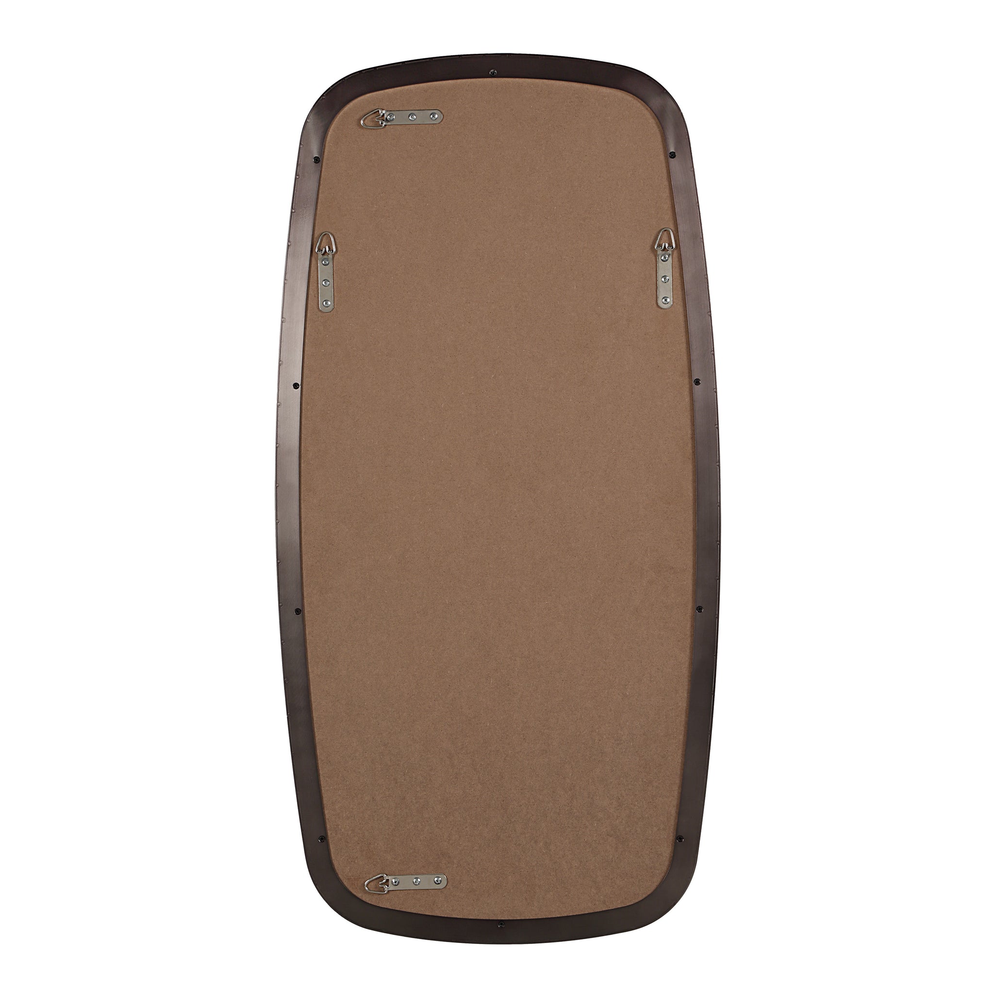 Back view of Nicoya Mirror, showing a brown backing with metal hooks for hanging.