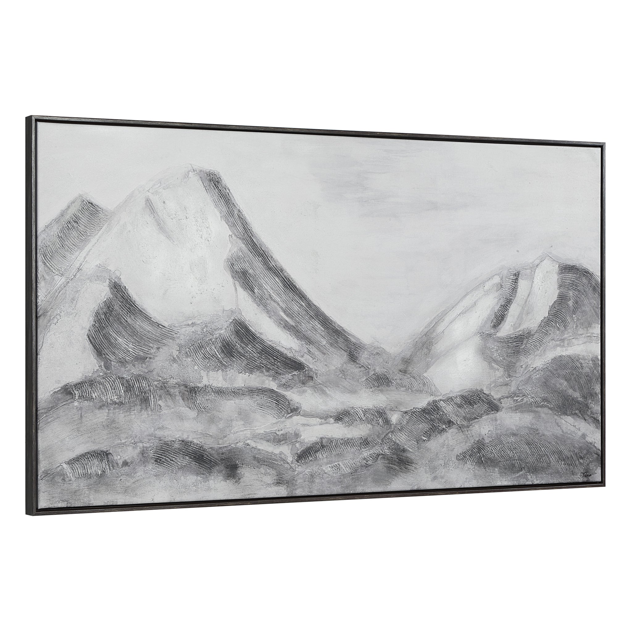 Romi canvas art depicting a monochromatic mountain scene with textured brush strokes, framed.