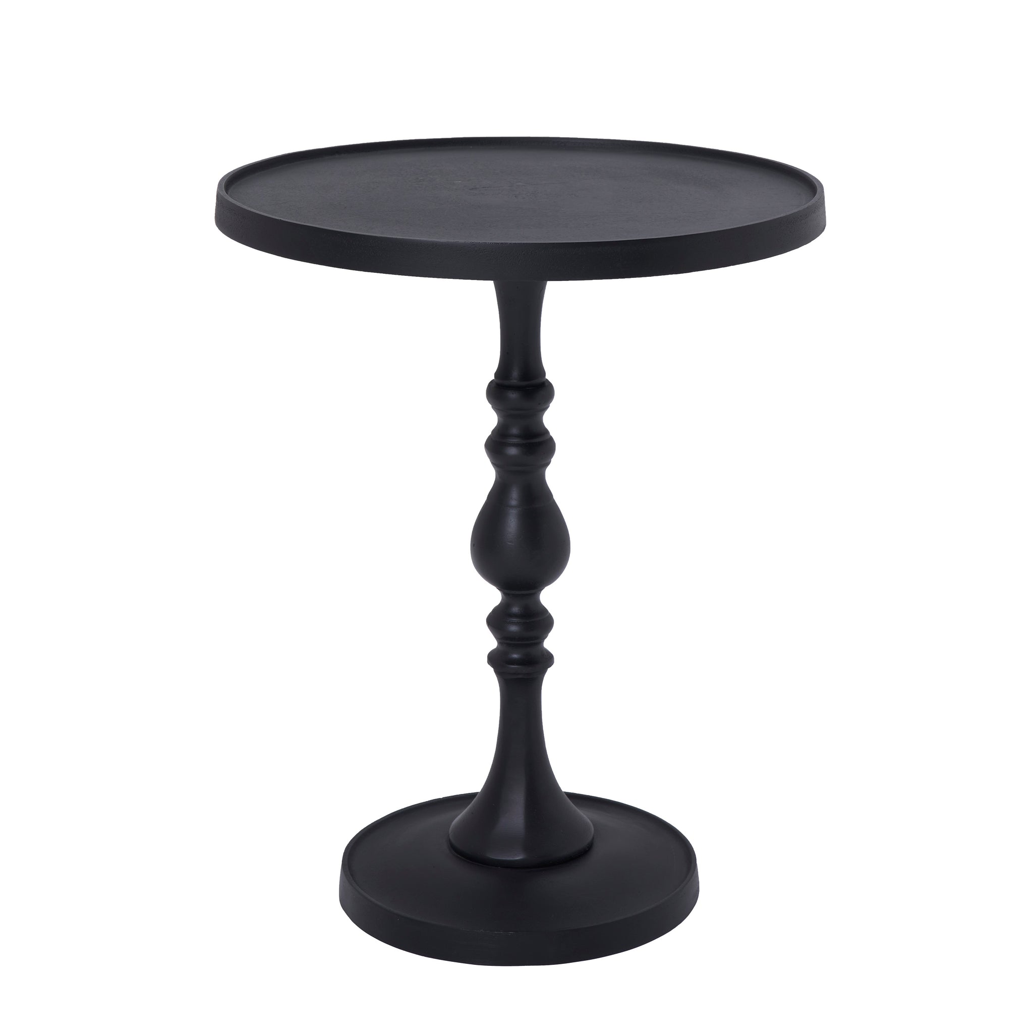 Yates Side Table in black with a round top and decorative base