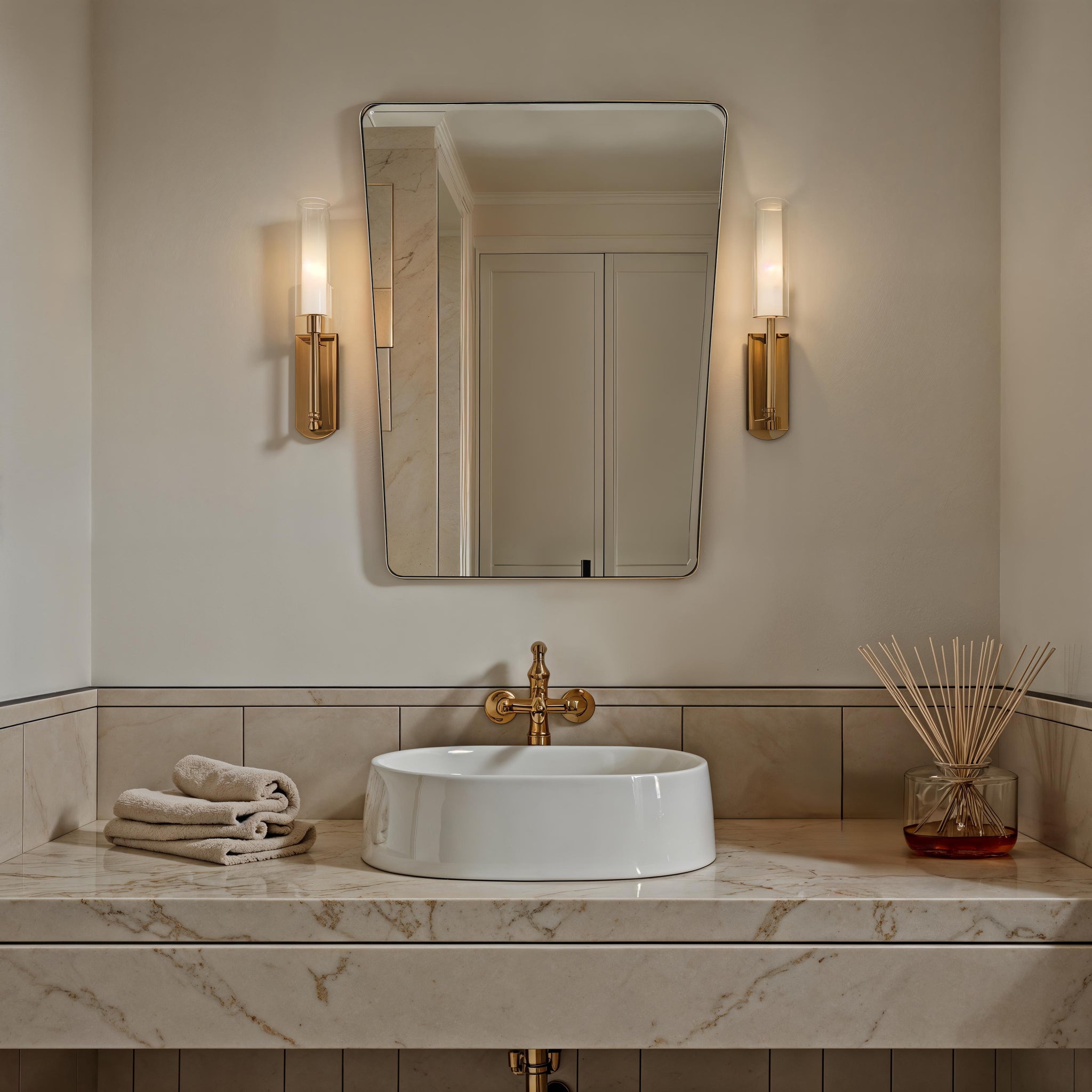 Mily mirror by Renwil, rectangular shape with a sleek silver frame, mounted above a marble sink.