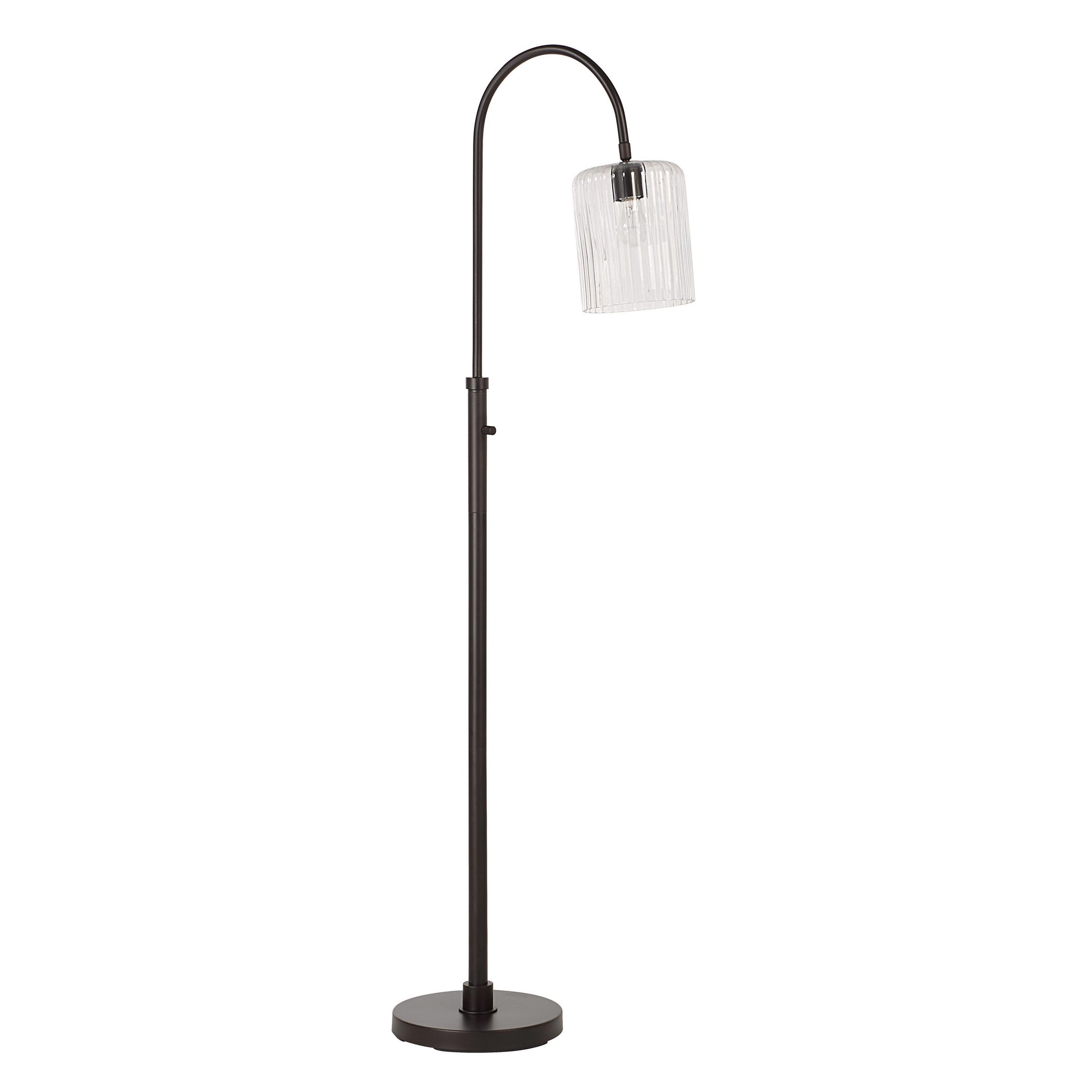 Danae floor lamp featuring a curved design and ribbed glass shade, black metal finish.