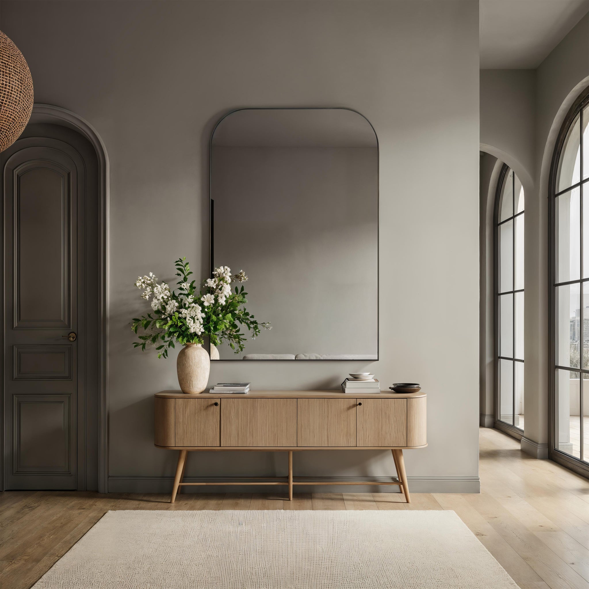 Opalina mirror displayed in a modern interior, above a wooden console with flowers.