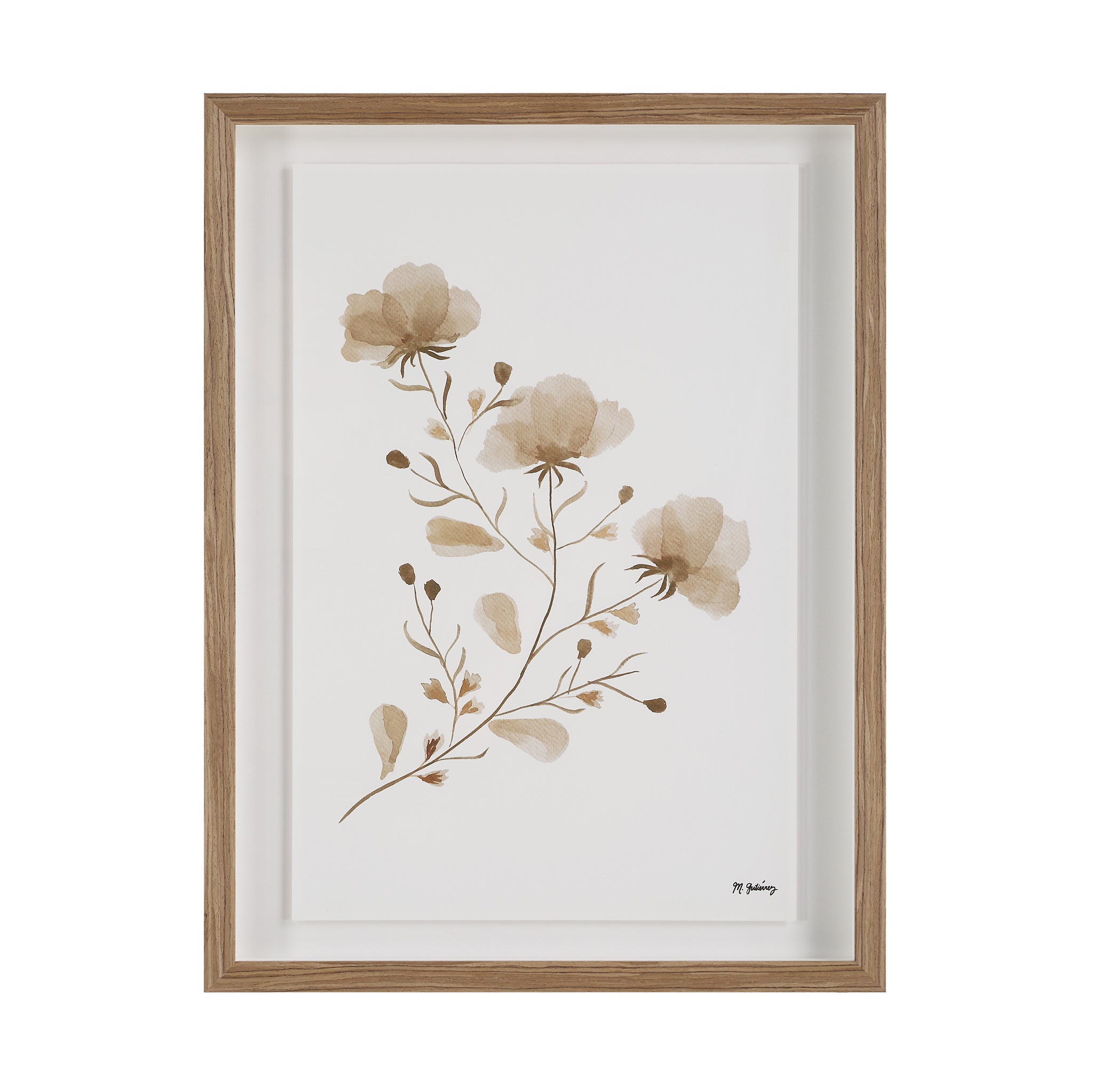 Madalena wall art displaying a delicate floral arrangement in soft browns, framed elegantly.