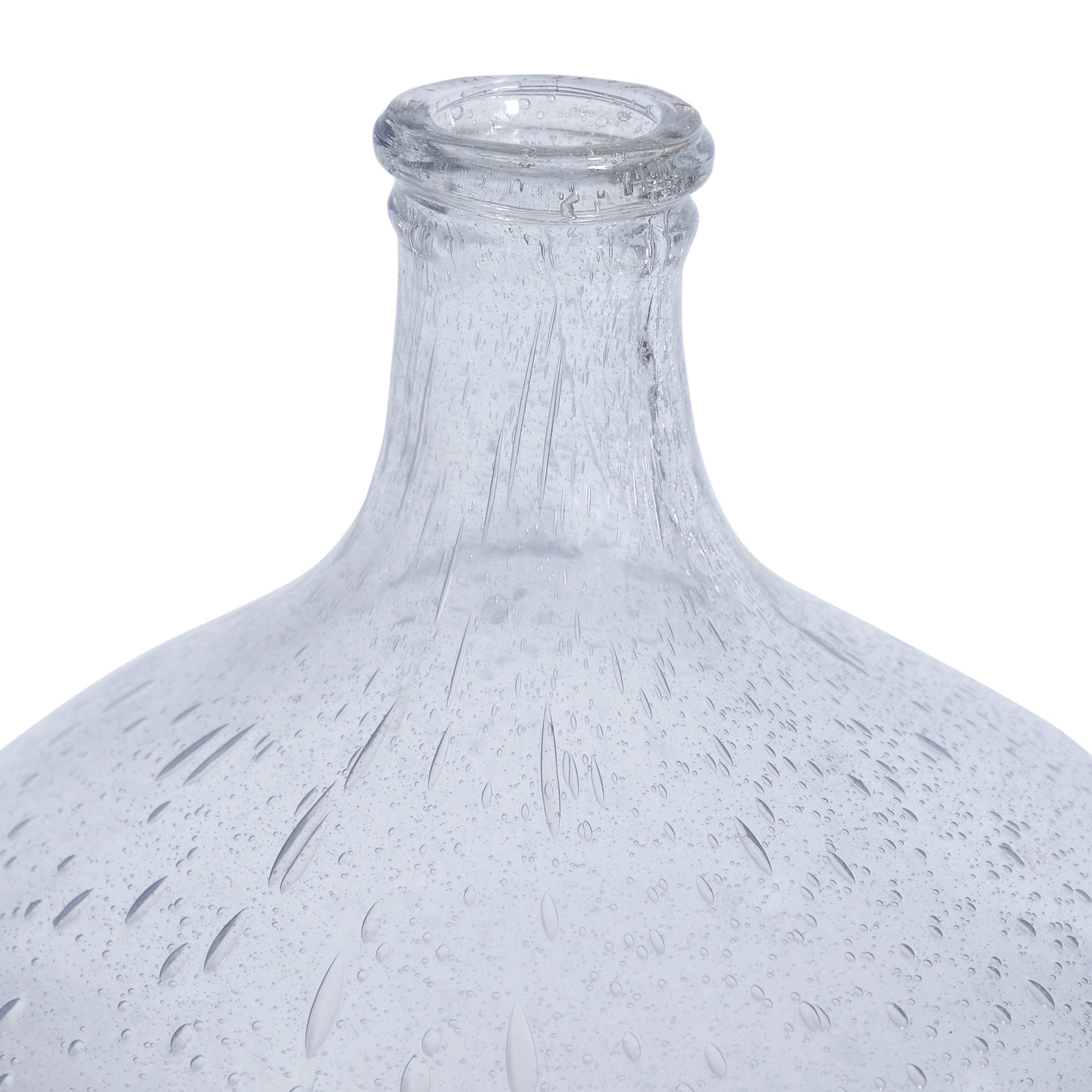 Mirabella vase by Renwil, close-up of neck, clear glass with bubble texture