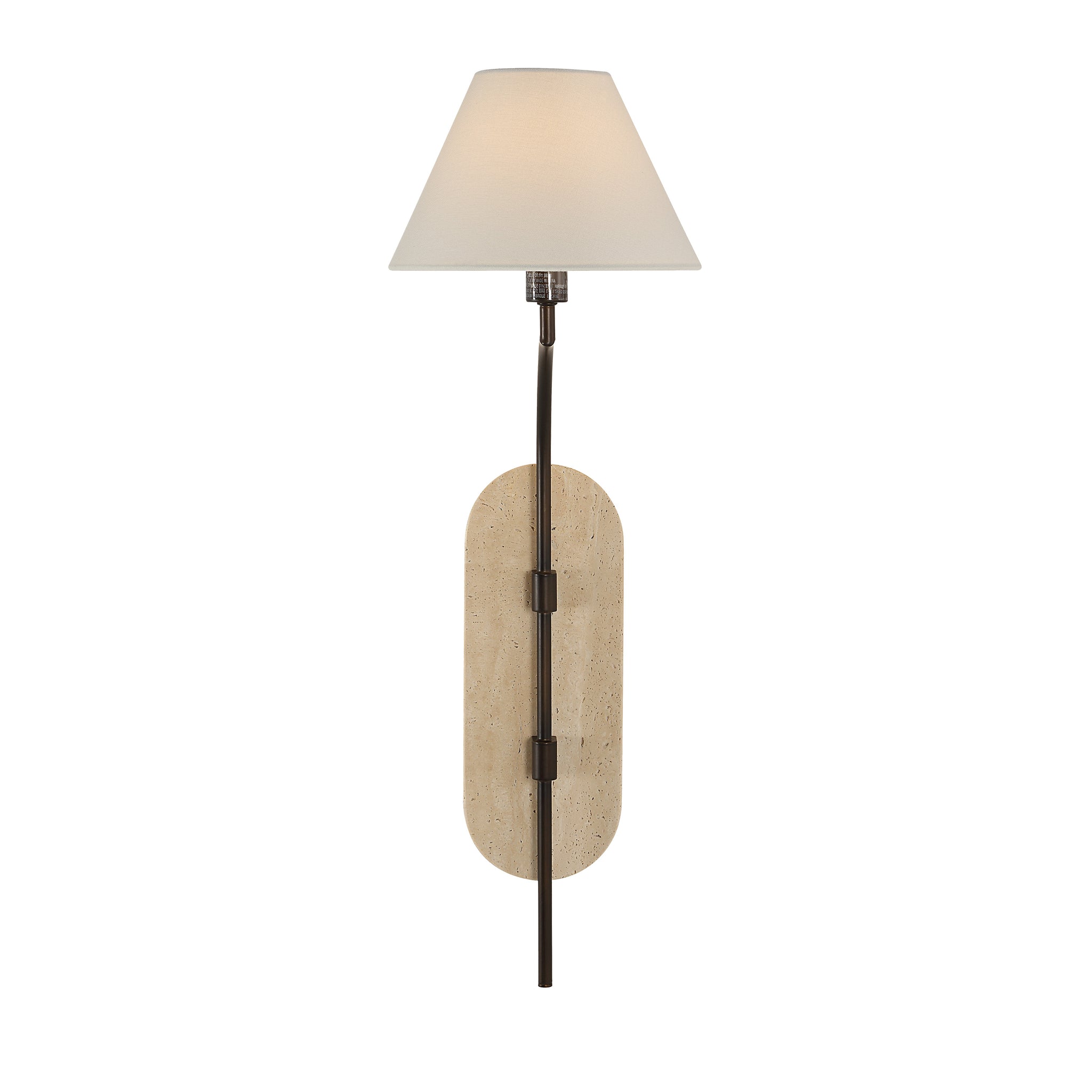 Acca wall sconce featuring a cream fabric shade, bronze metal arm, and a textured beige stone backplate.