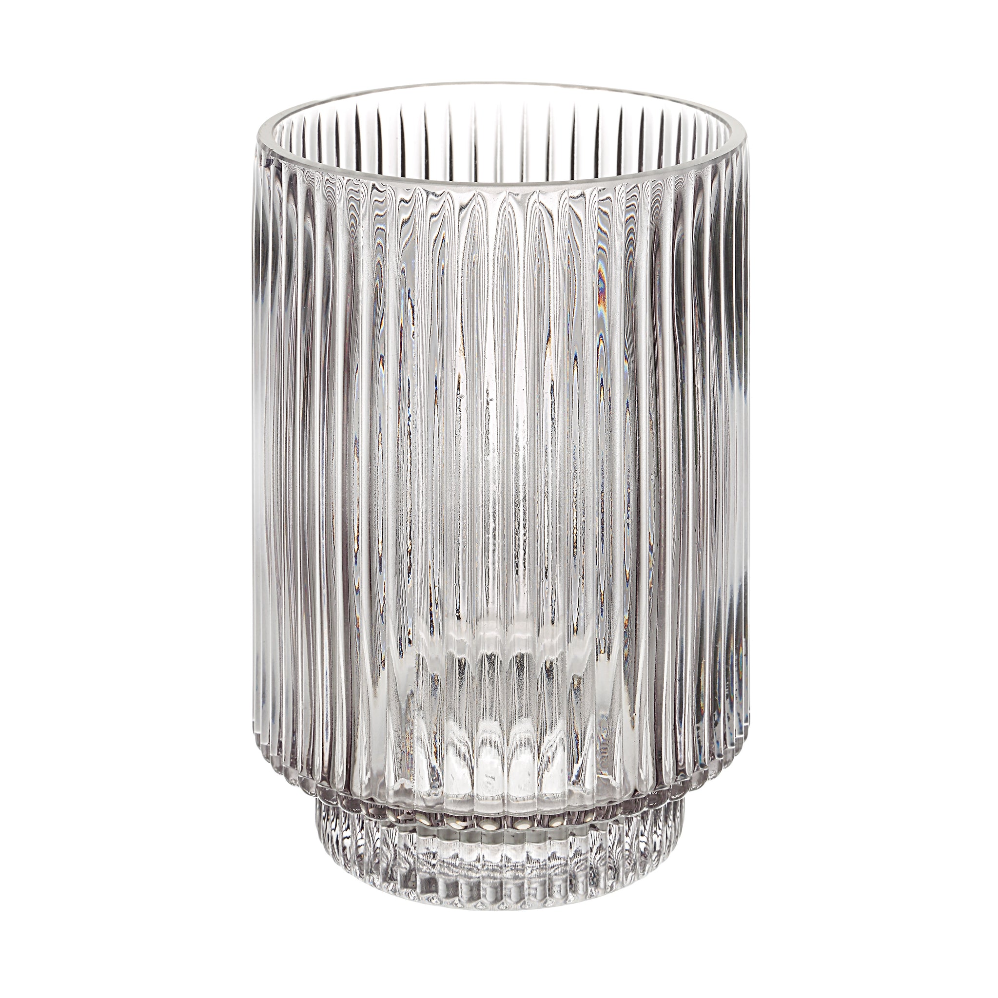 Amiens Indoor Mouth Blown Glass Vase in grey, featuring a fluted design and clear glass.