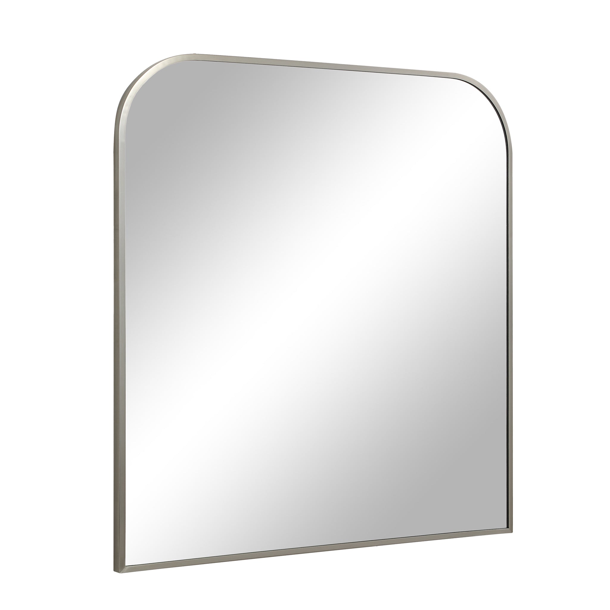 Salma mirror featuring a rounded top, angled view showing the silver frame and reflective surface
