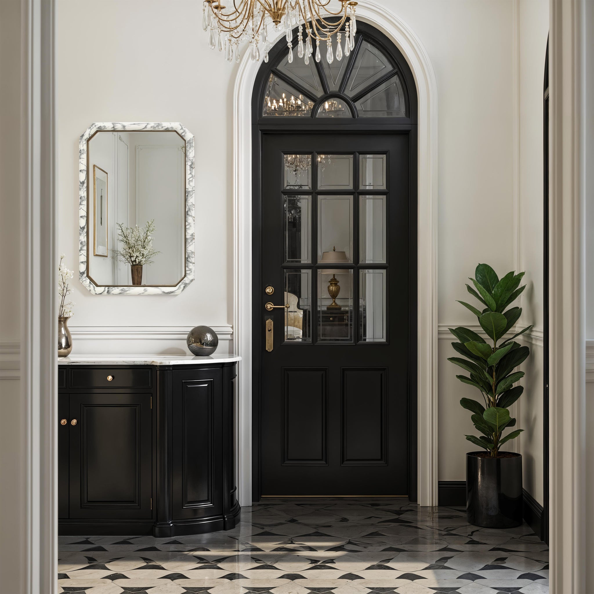 Venus mirror displayed in an elegant entryway with black door and furnishings