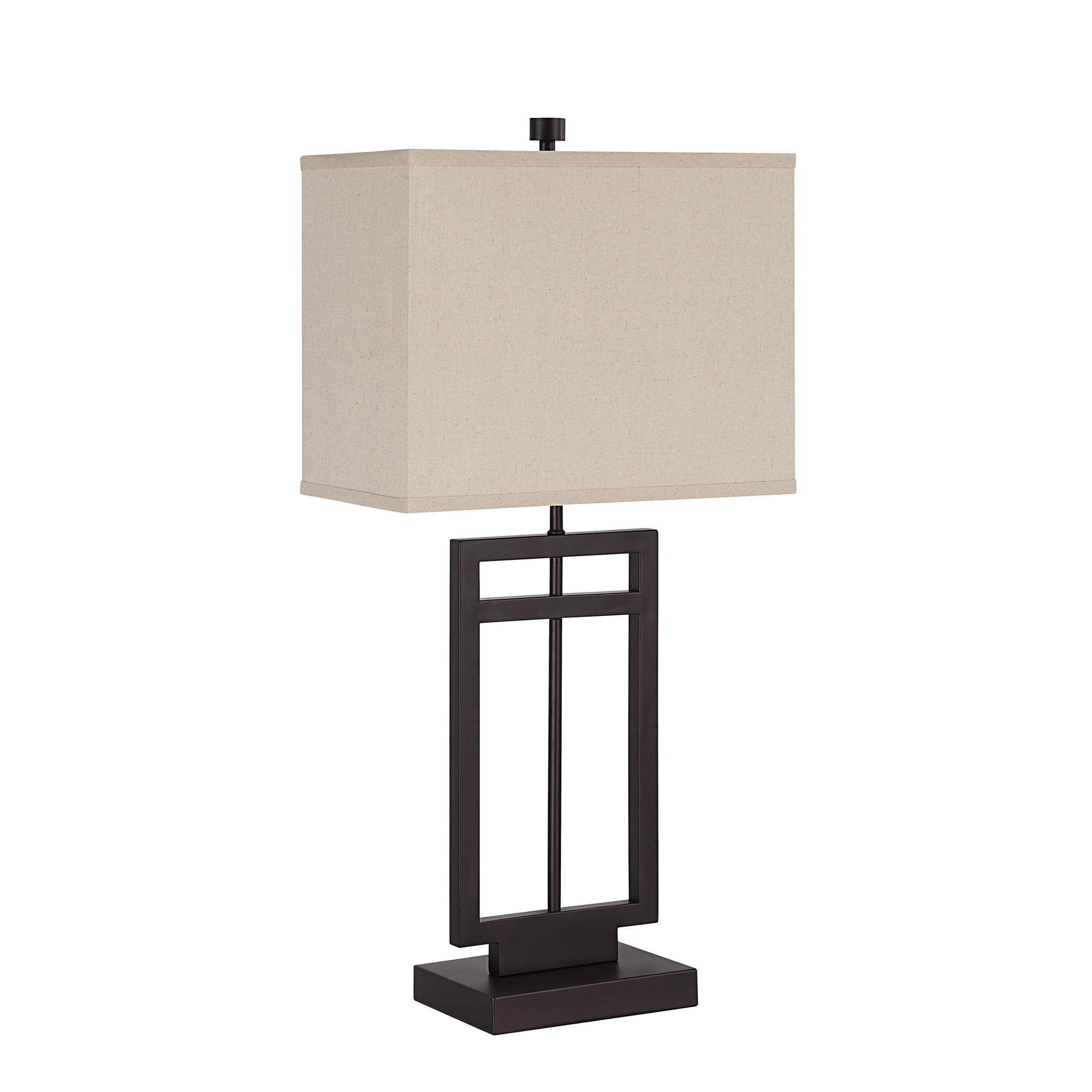 Sendai table lamp with a beige fabric shade and dark metal base, showcasing a geometric design.