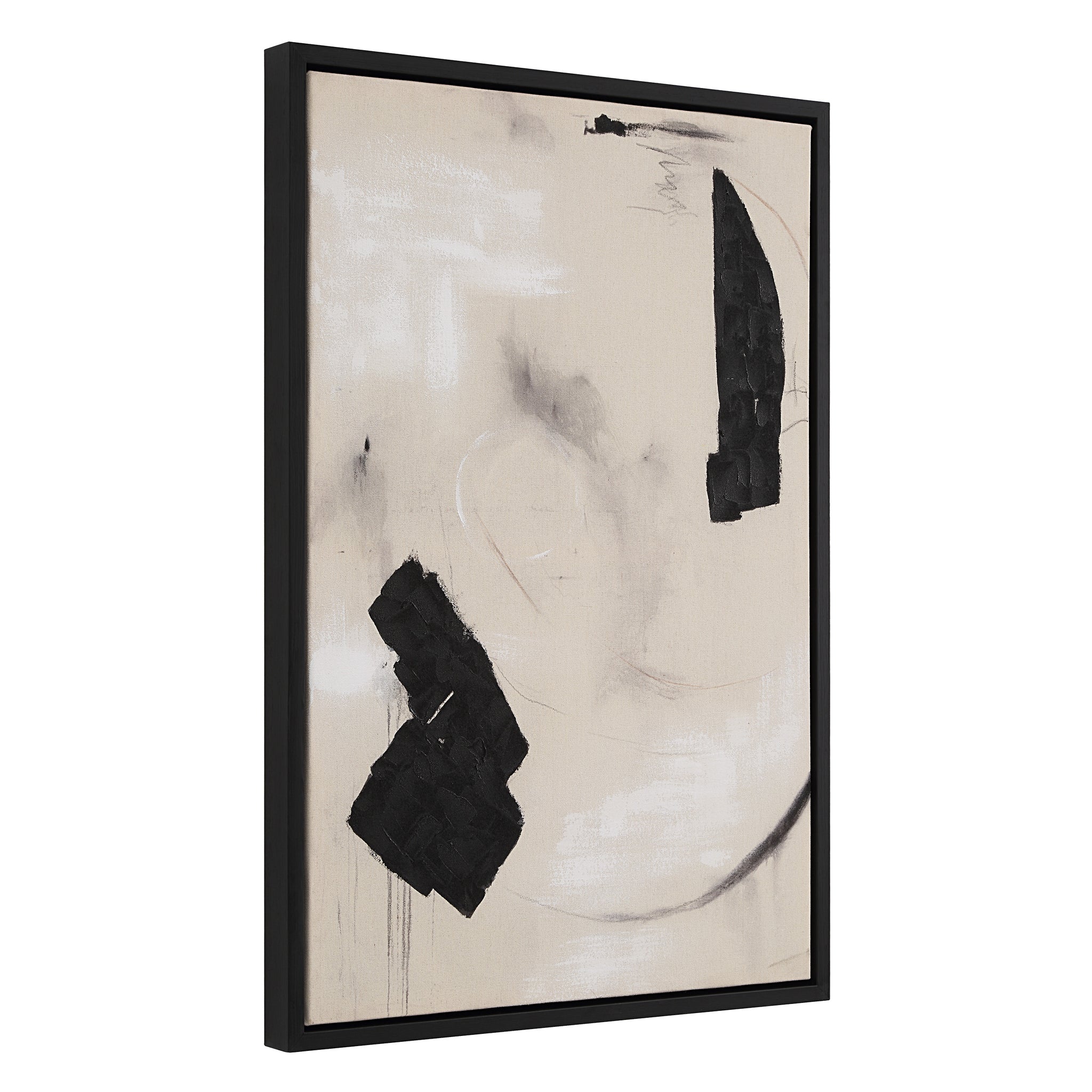 Asia Canvas Art by Renwil, side view of abstract canvas with black and beige colors framed in black