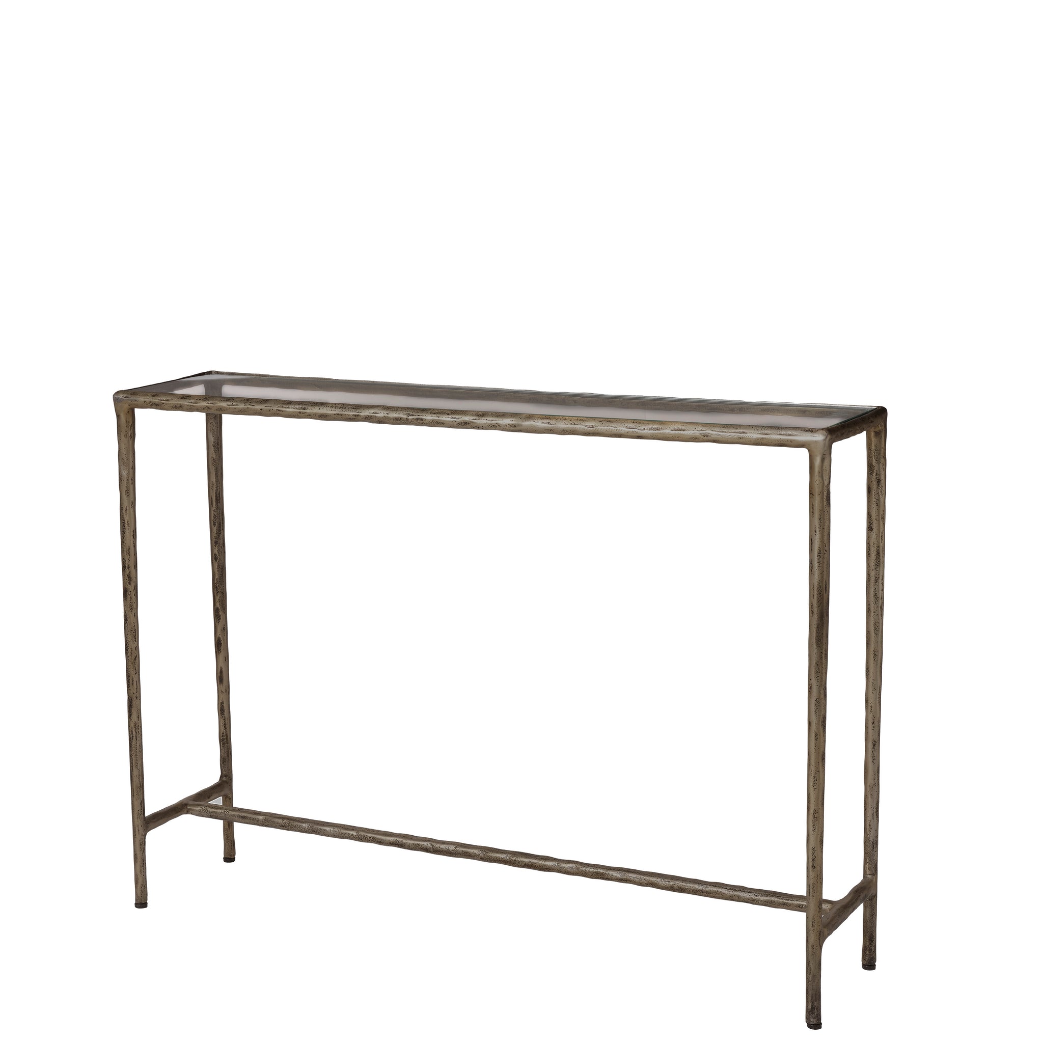 Nara console table featuring a glass surface and a stylish silver metal frame.