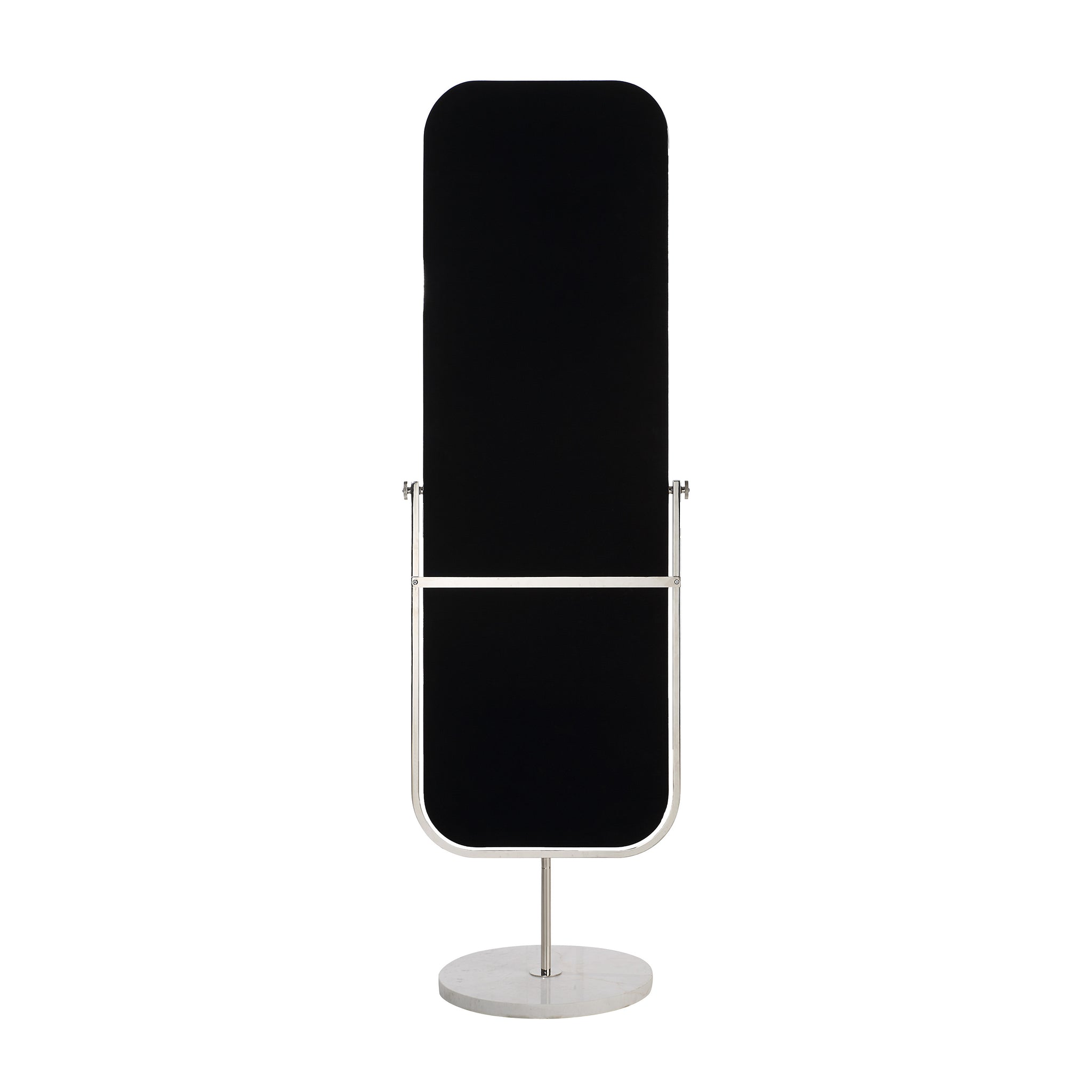 Mandra mirror by Renwil, tall standing design with rounded top, black surface, and marble base.