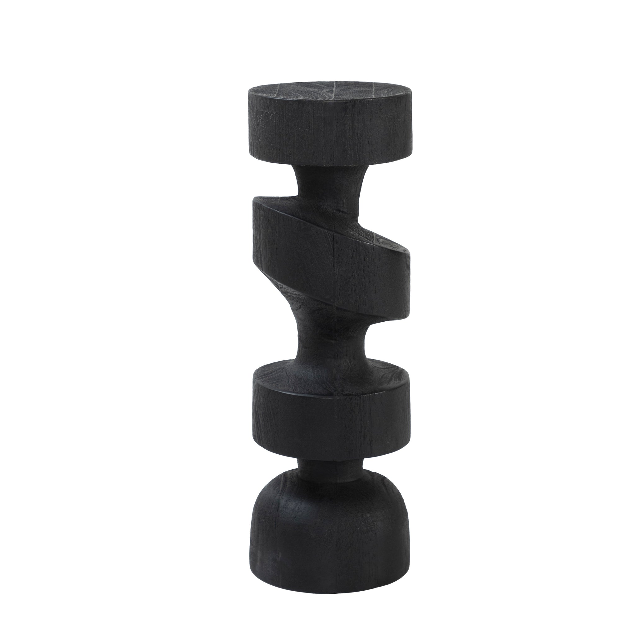 Beckton statue by Renwil, black wood, spiral design with rounded base, modern style.