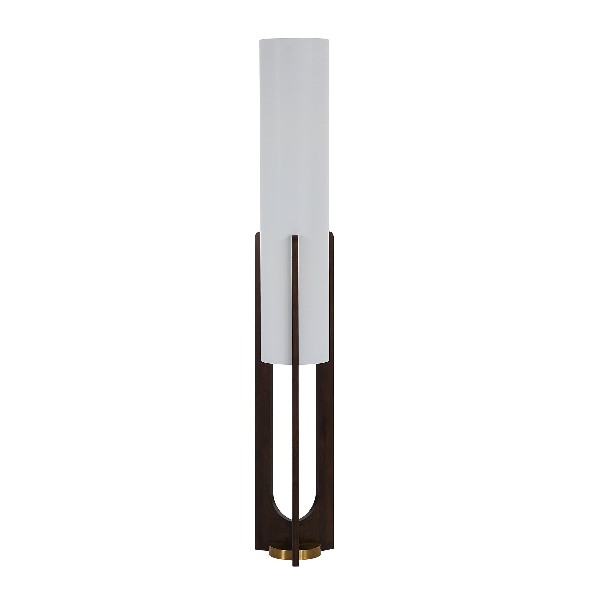 Mael floor lamp with a white cylindrical shade and dark wood base, featuring a gold accent.