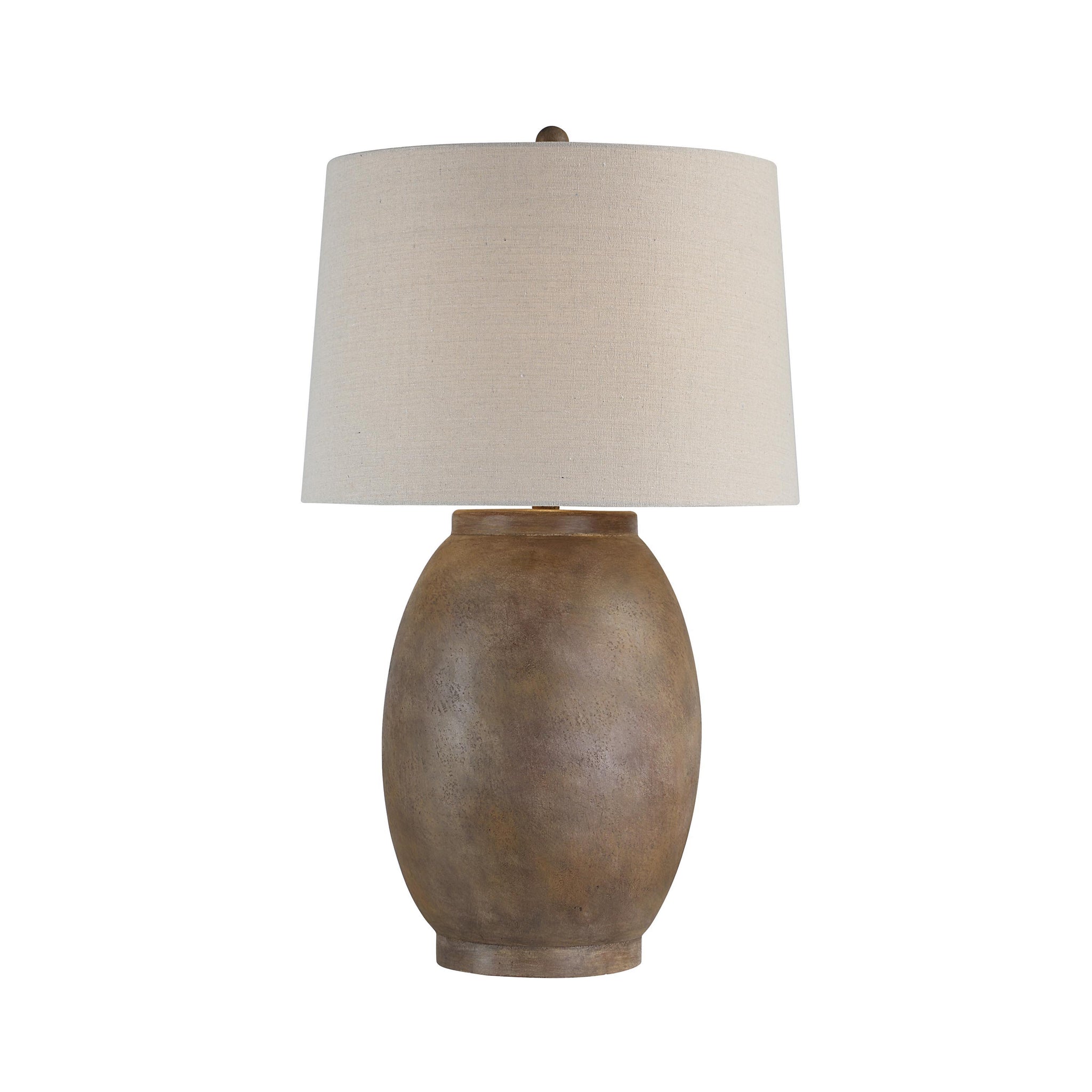 Naima Table Lamp featuring a light beige shade and a smooth brown ceramic body