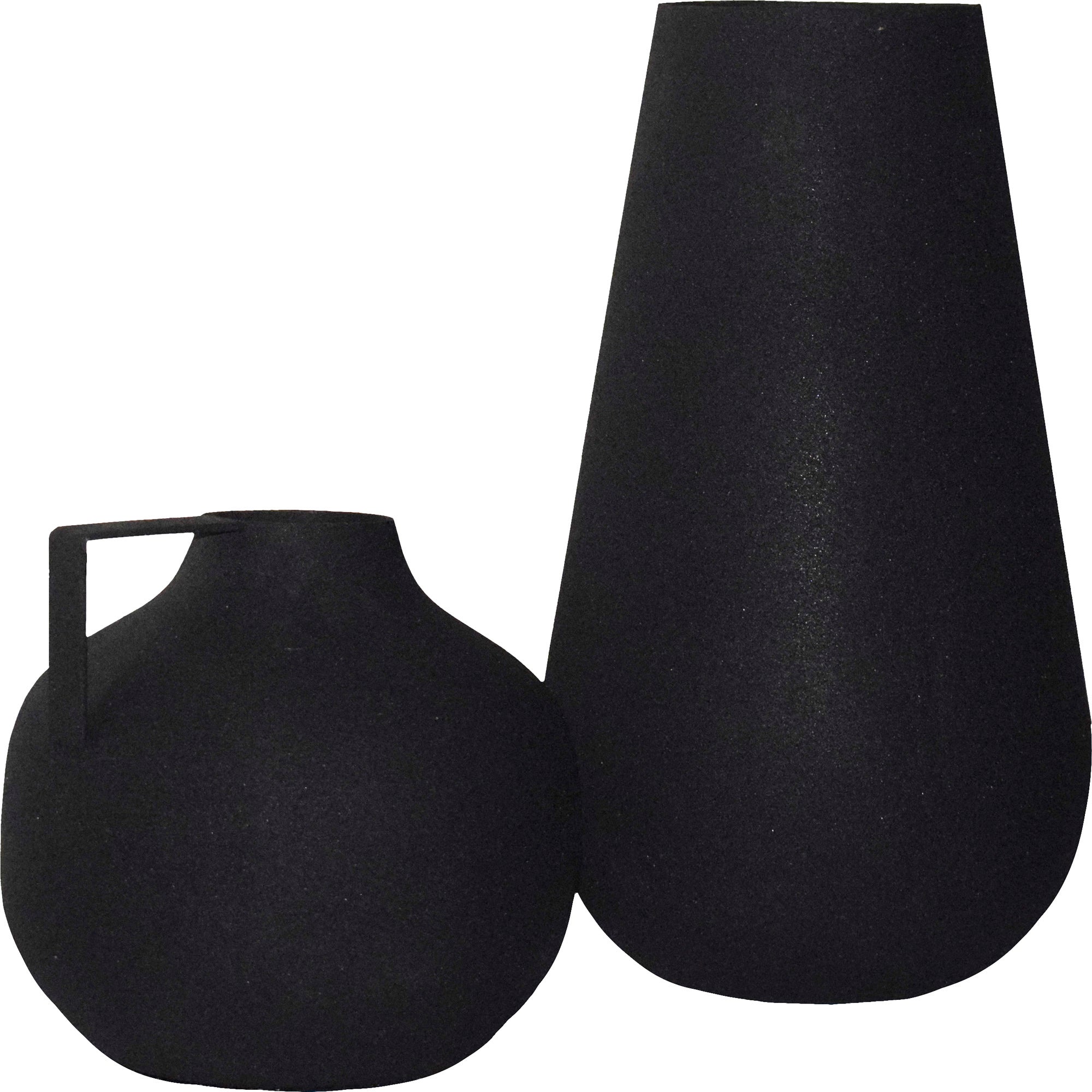Roove Vase by Renwil, two black vases, one tall and conical, one short and round with a handle.