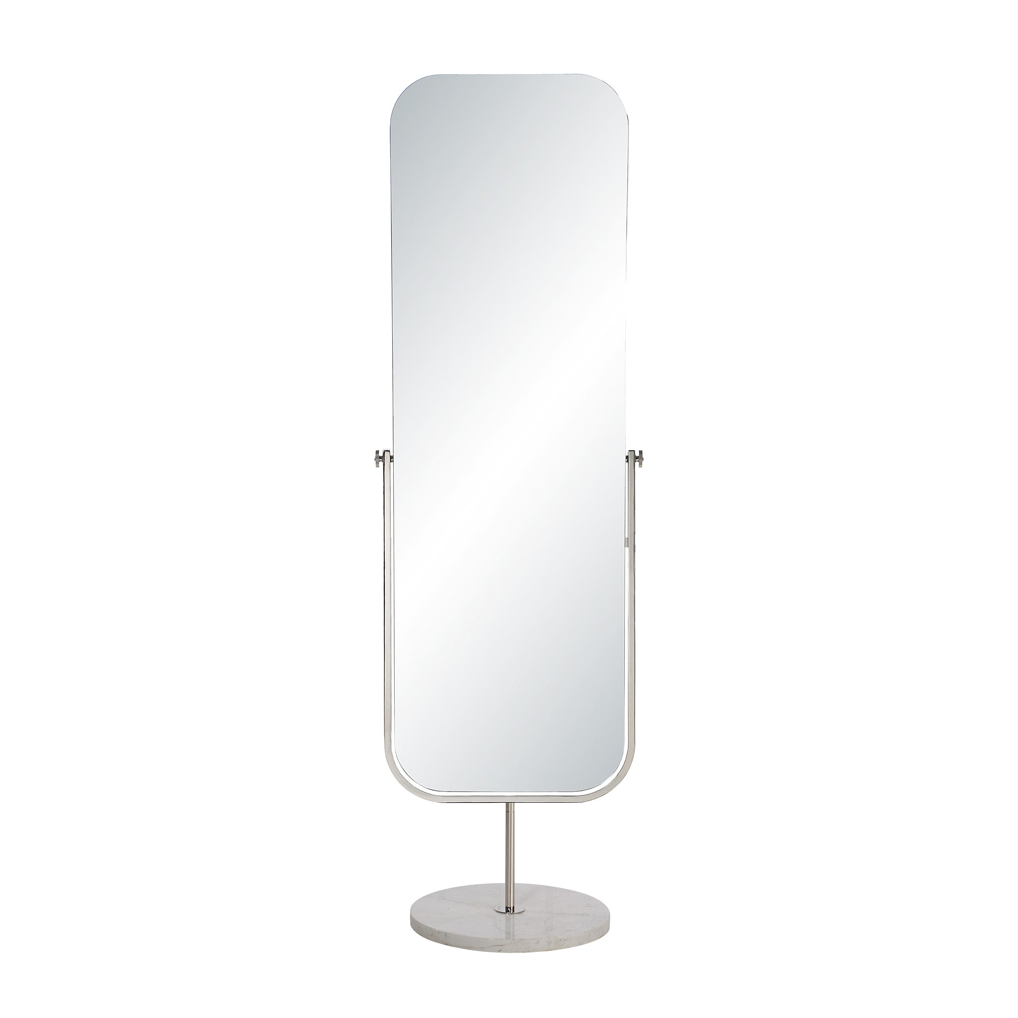 Mandra mirror by Renwil, tall standing design with rounded top, silver frame, and marble base.