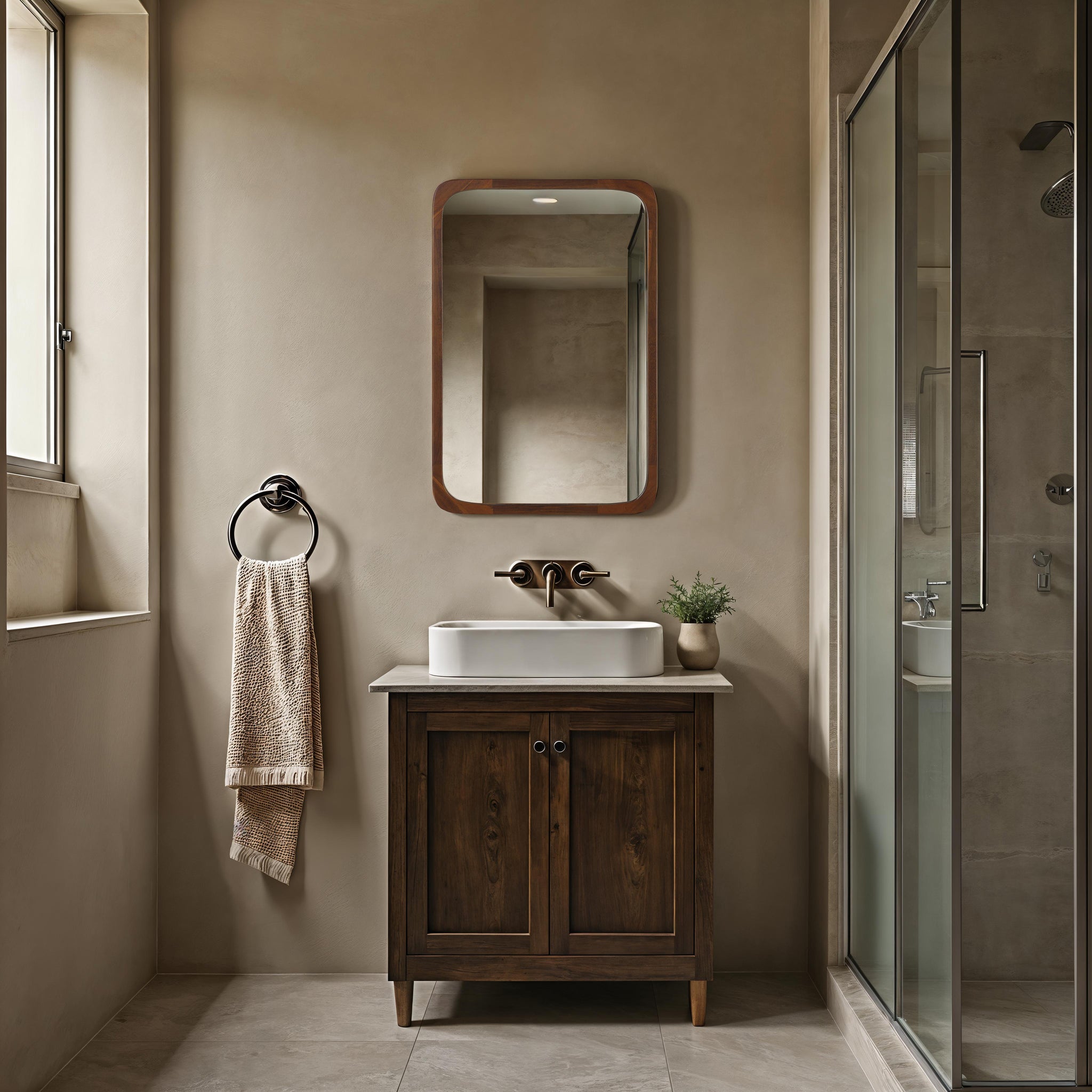 Sisley mirror with a wooden frame above a bathroom vanity, featuring a modern design.