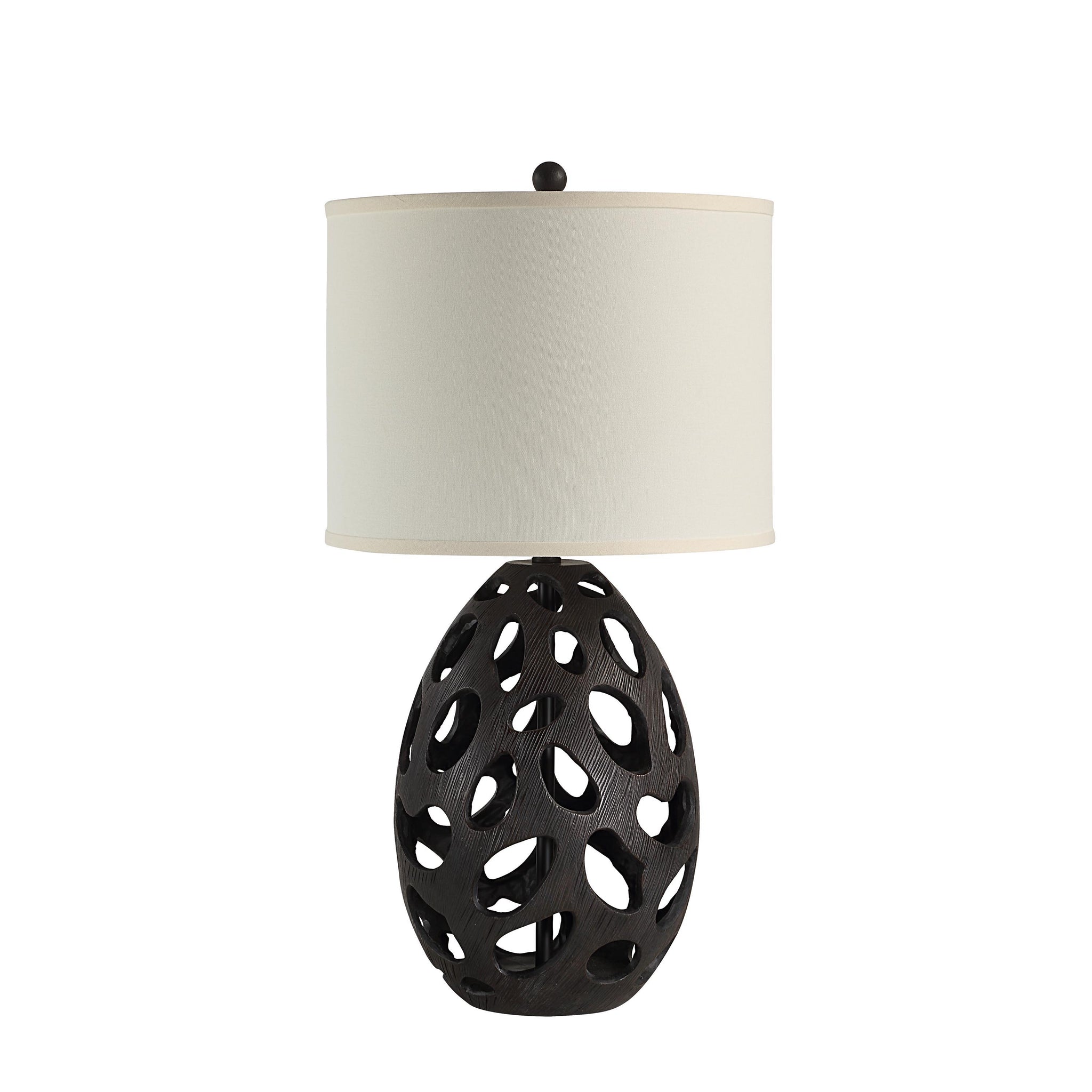 Loxley Table Lamp displaying a black base with oval cut-outs and a white fabric shade.