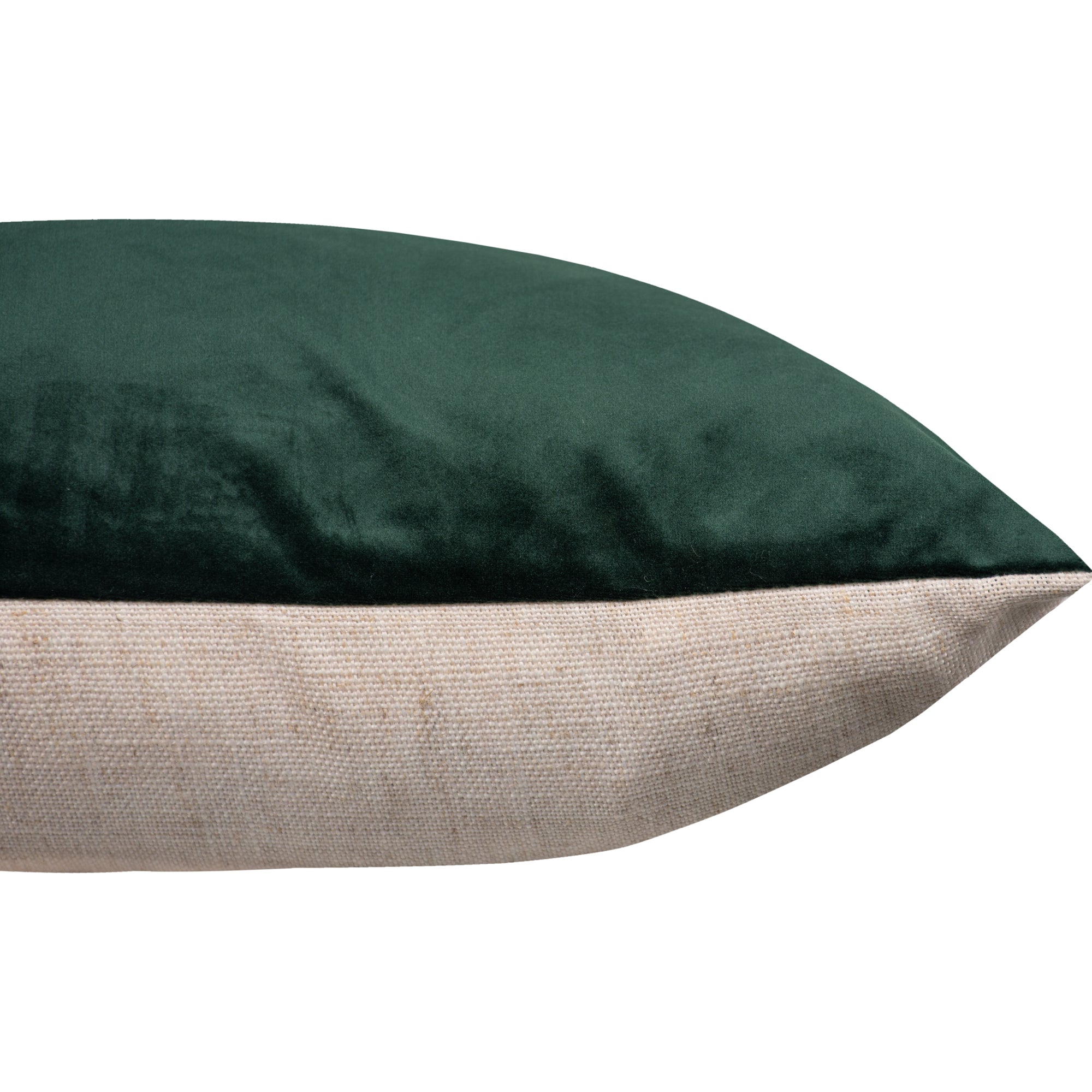 Side view of Olive Indoor Pillow displaying dark green and beige fabric