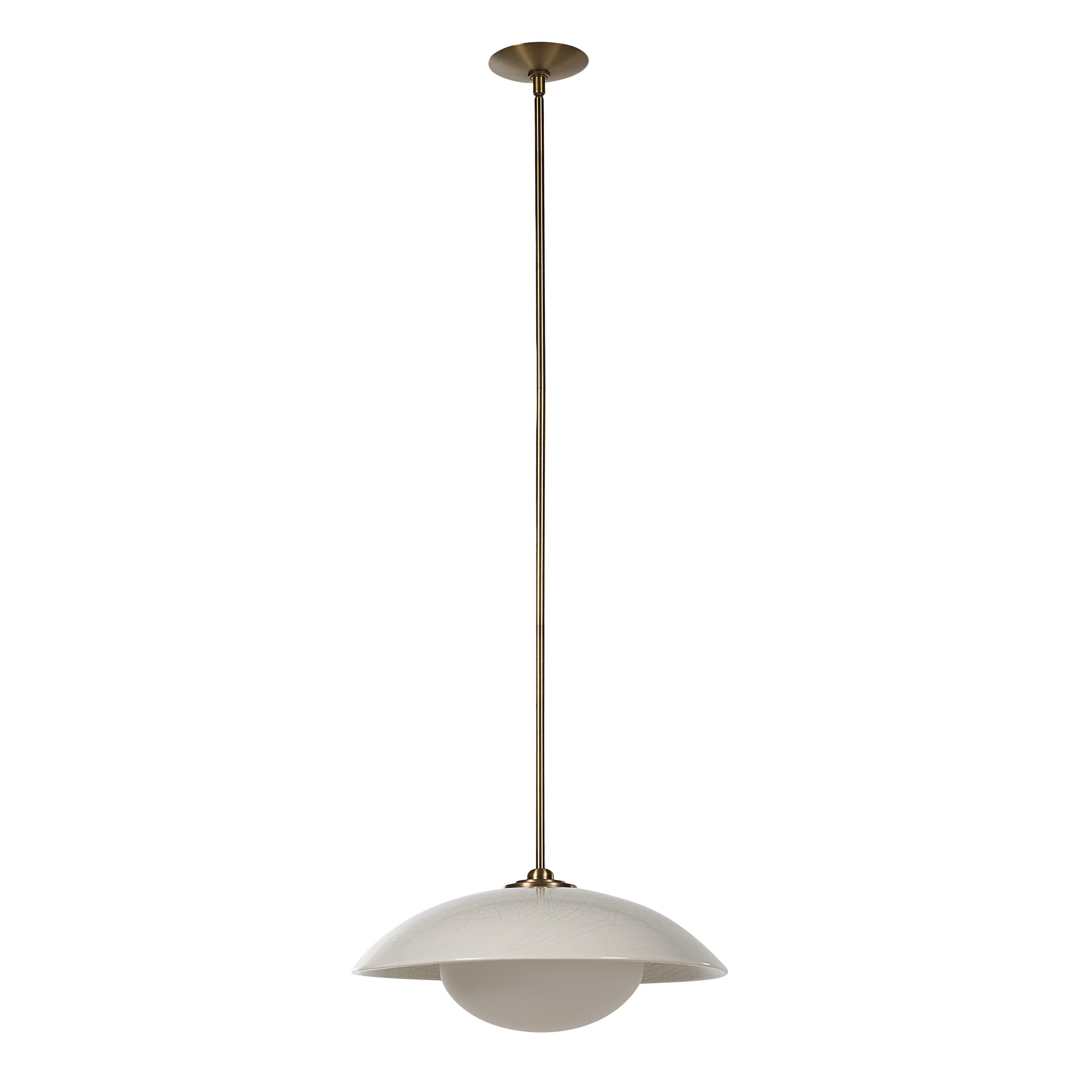 Abbie ceiling light fixture with a white dome shade and brass accents, hanging from a slender rod.