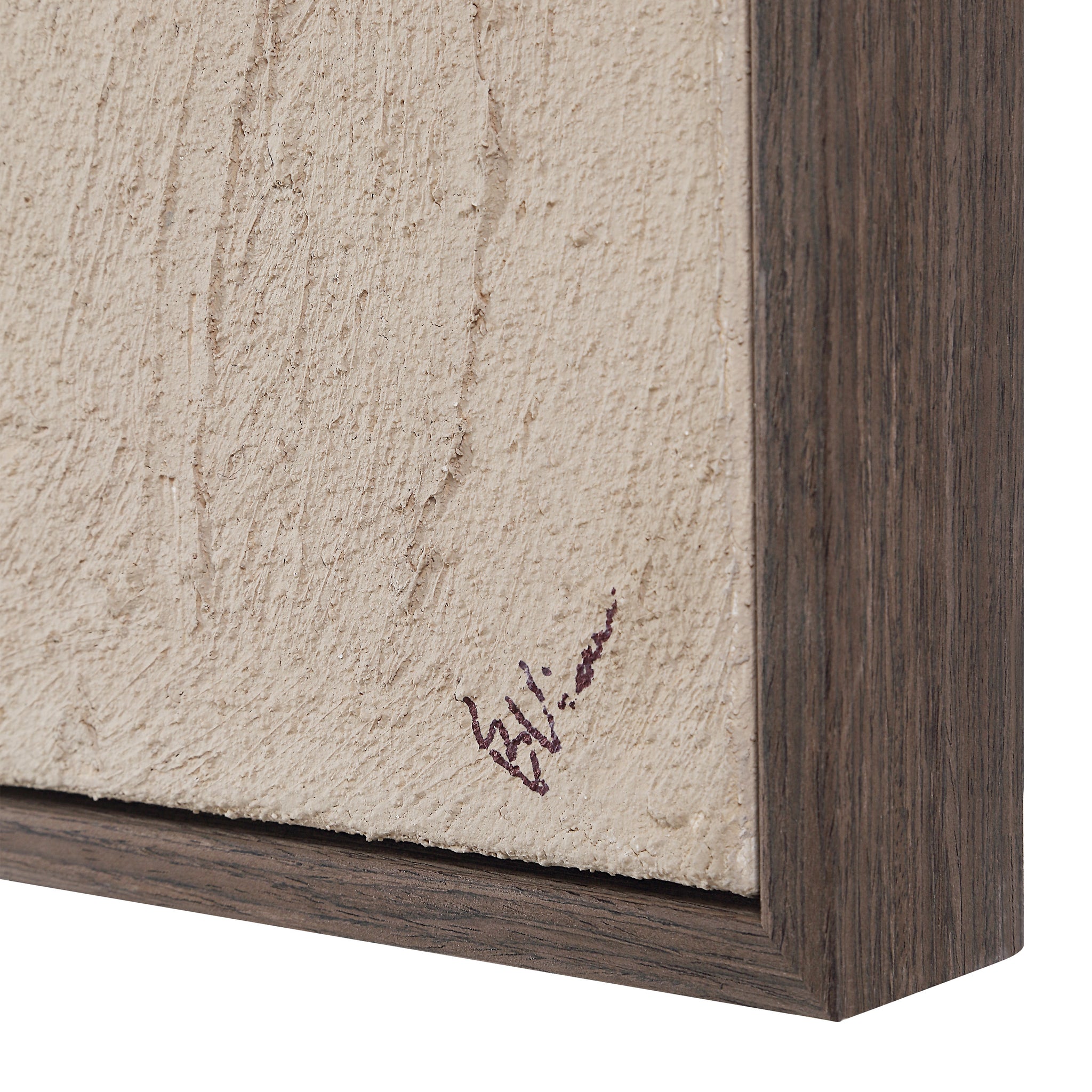 Close-up of Trofa Canvas Art by Renwil showing textured beige surface and dark wooden frame