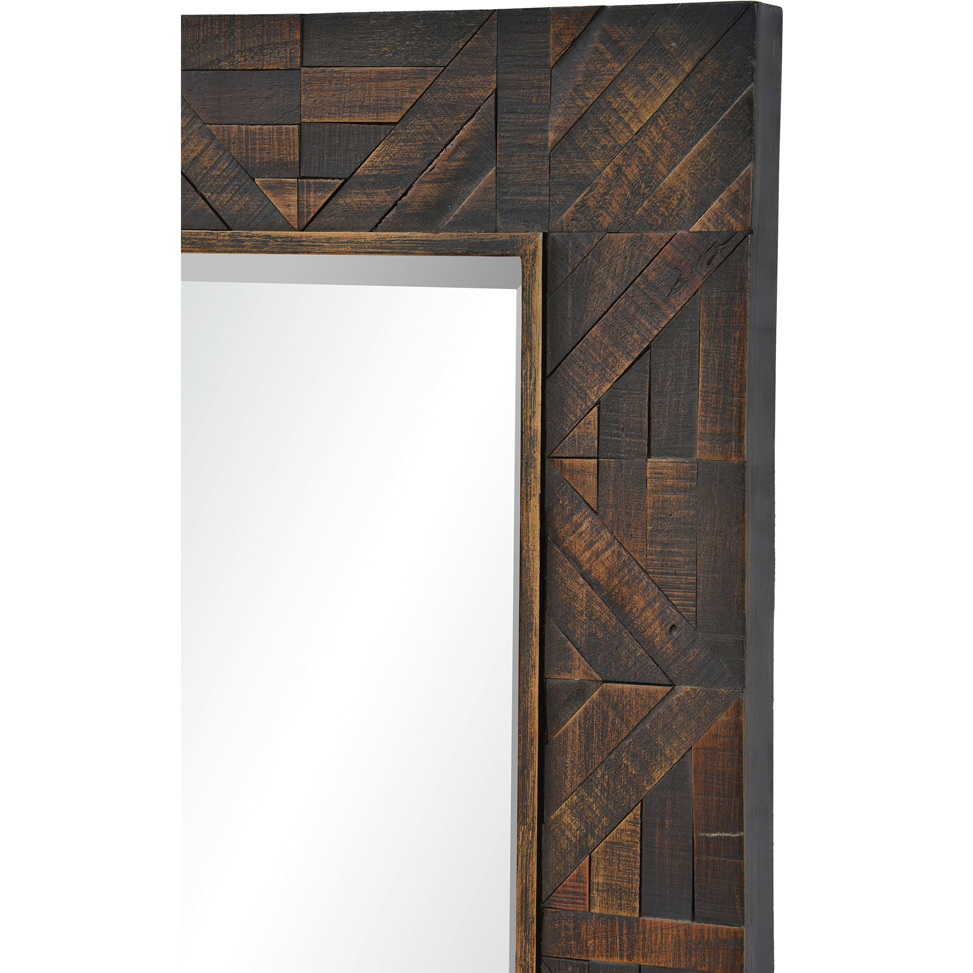 Madden Wall Mirror showcasing a detailed dark wood frame with geometric designs, angled view.