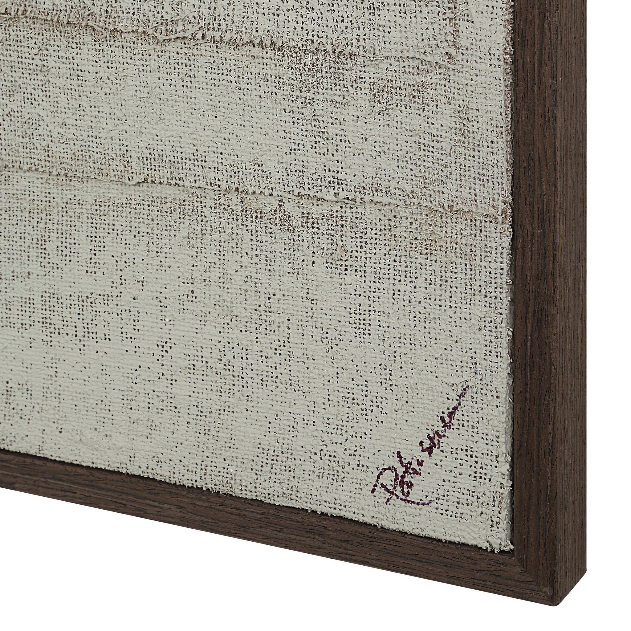 Close-up of Caramelo wall art showing textured light gray canvas and signature detail.