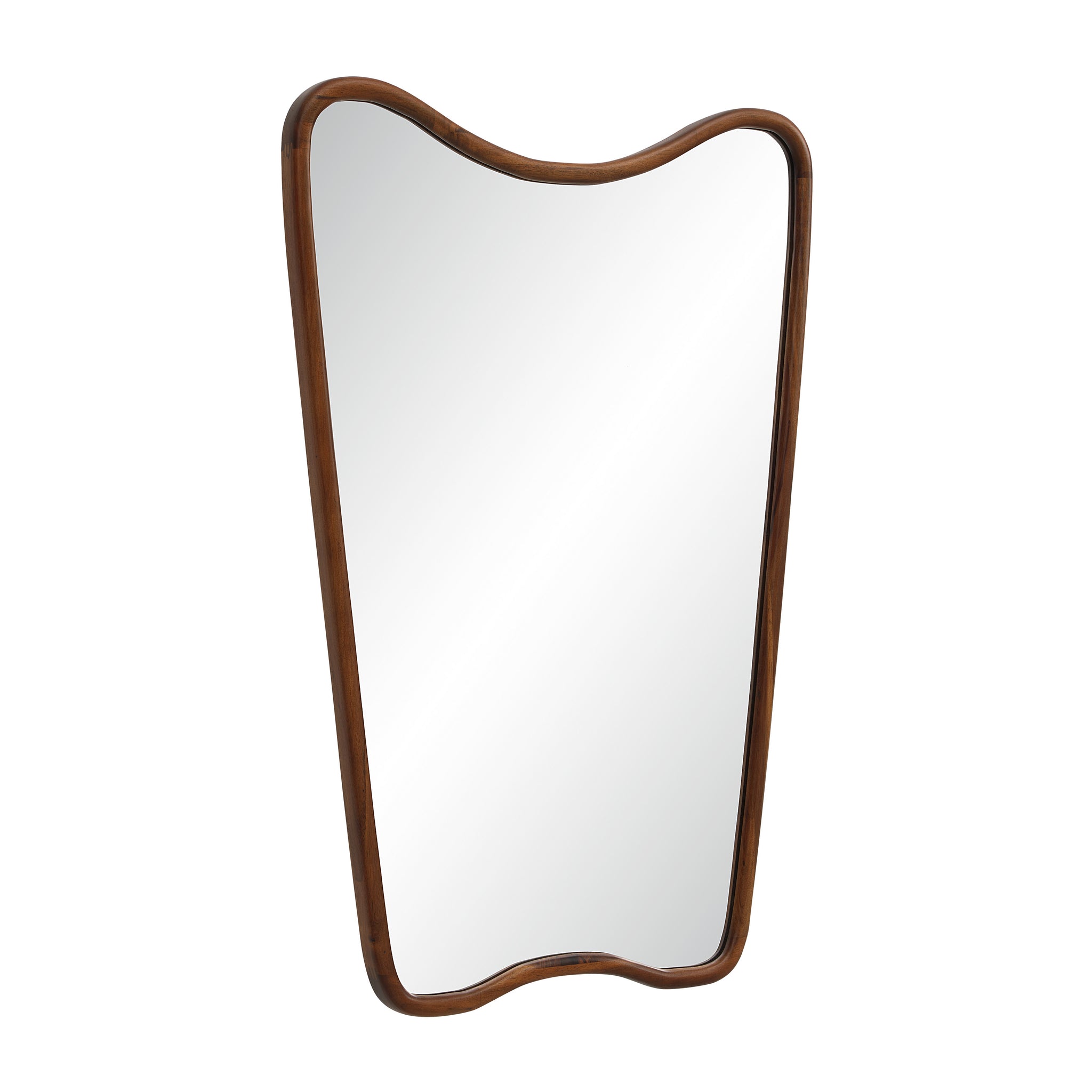Reverie mirror featuring a wavy wooden frame, angled view showing reflective surface