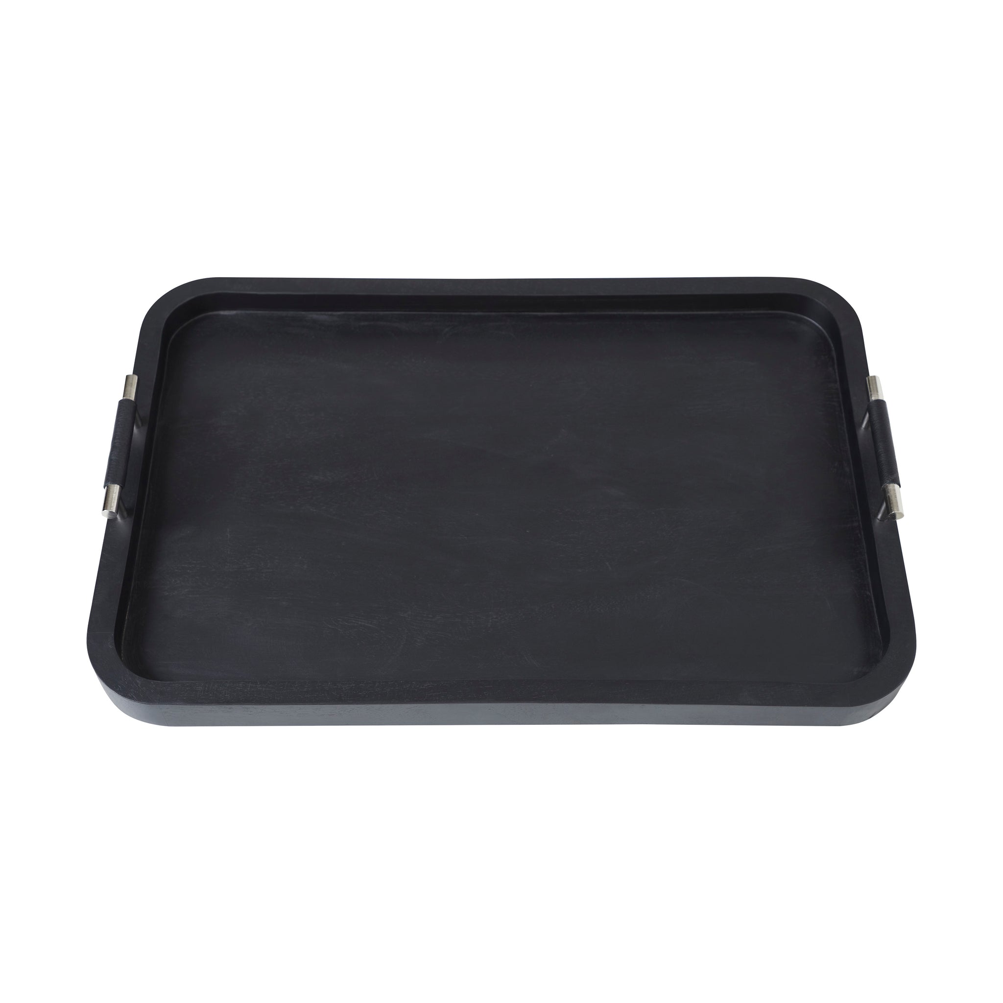 Hudson Tray by Renwil, black tray with raised edges and metal handles, top view.