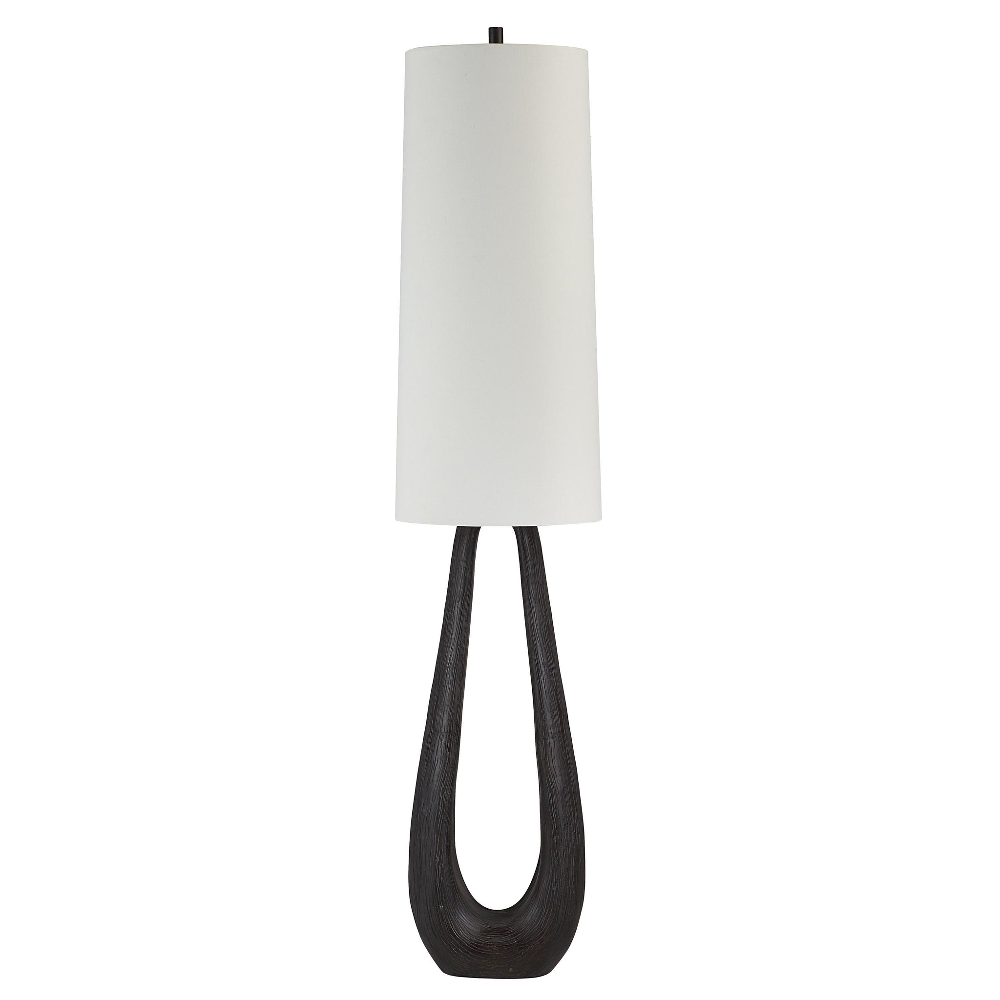 Cornelia floor lamp with a white cylindrical shade and a dark wood base in a modern design.