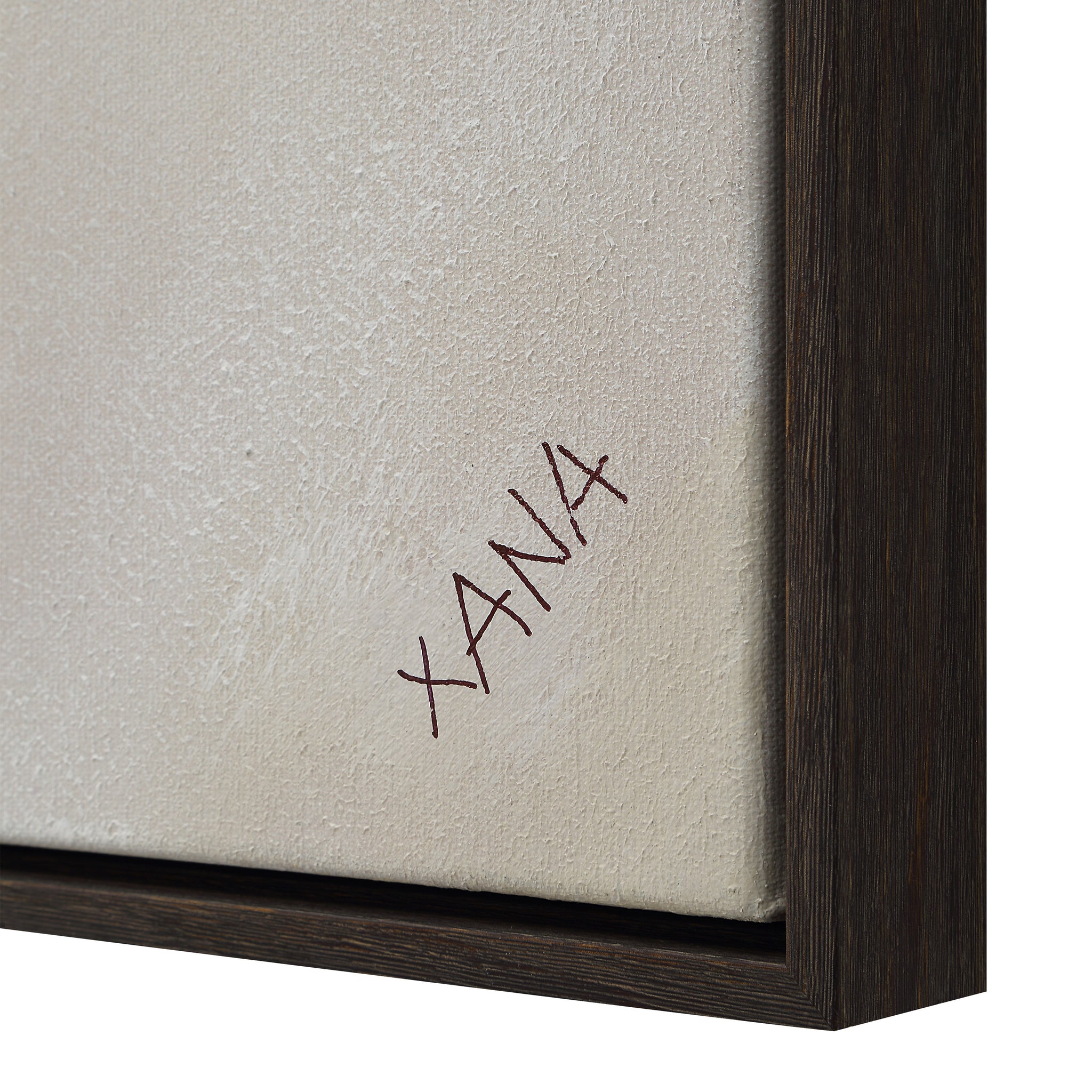 Close-up of Clary canvas art showing textured surface with signature 'XANA' in maroon