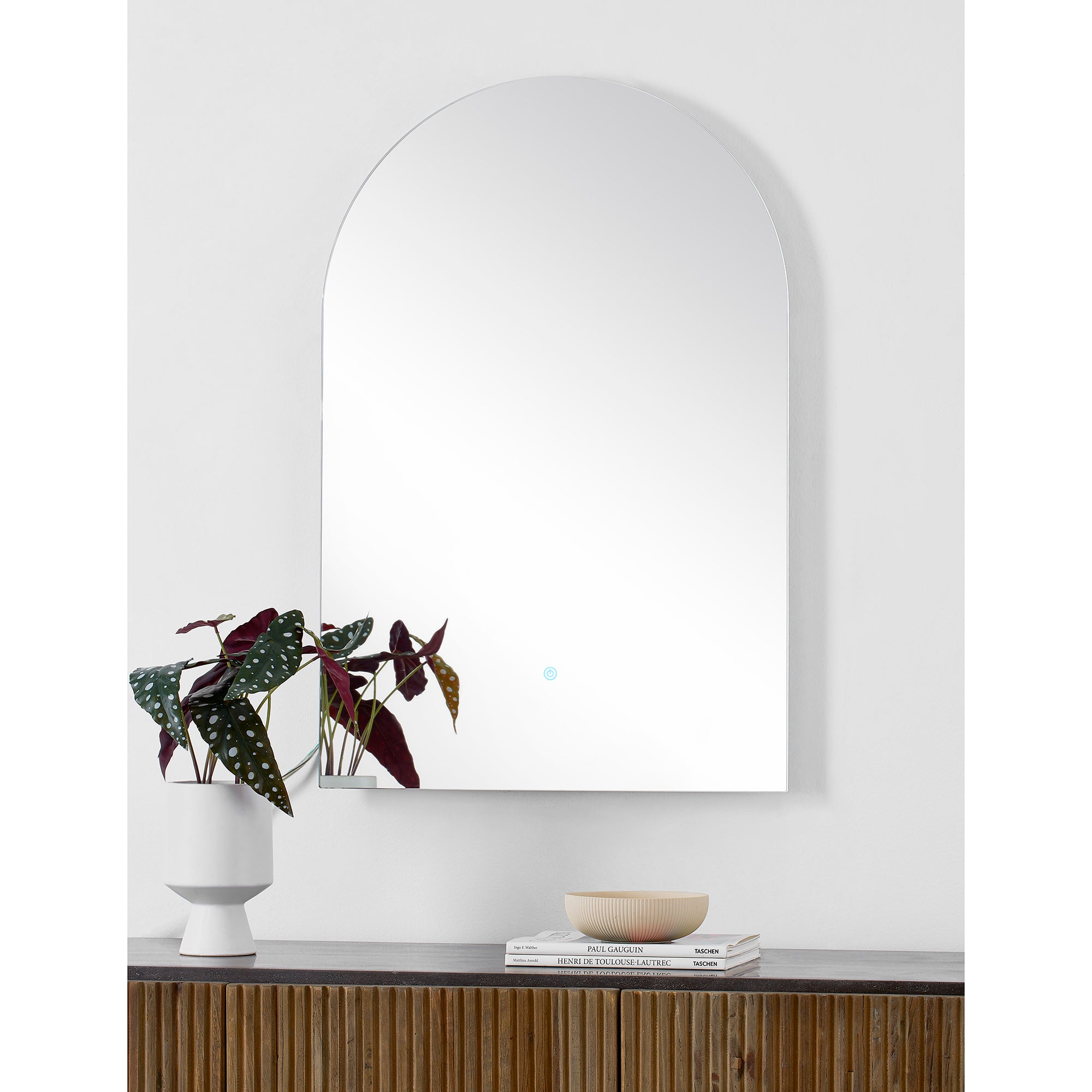 Blanca Led Mirror mounted on wall, surrounded by a plant and decorative items.