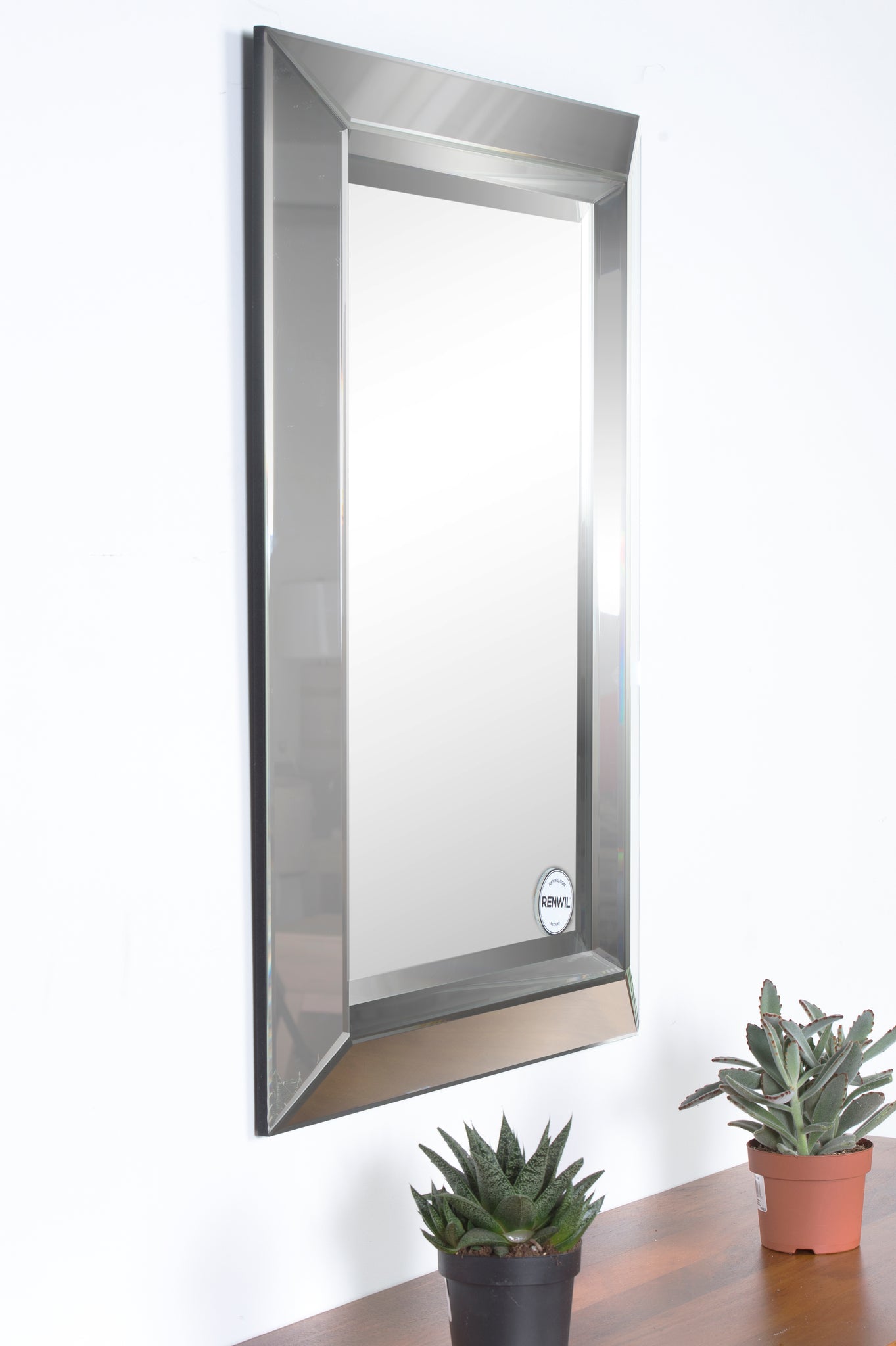 Aura Wall Mirror displayed on a wall, featuring a reflective surface and a stylish frame, with potted plants below.