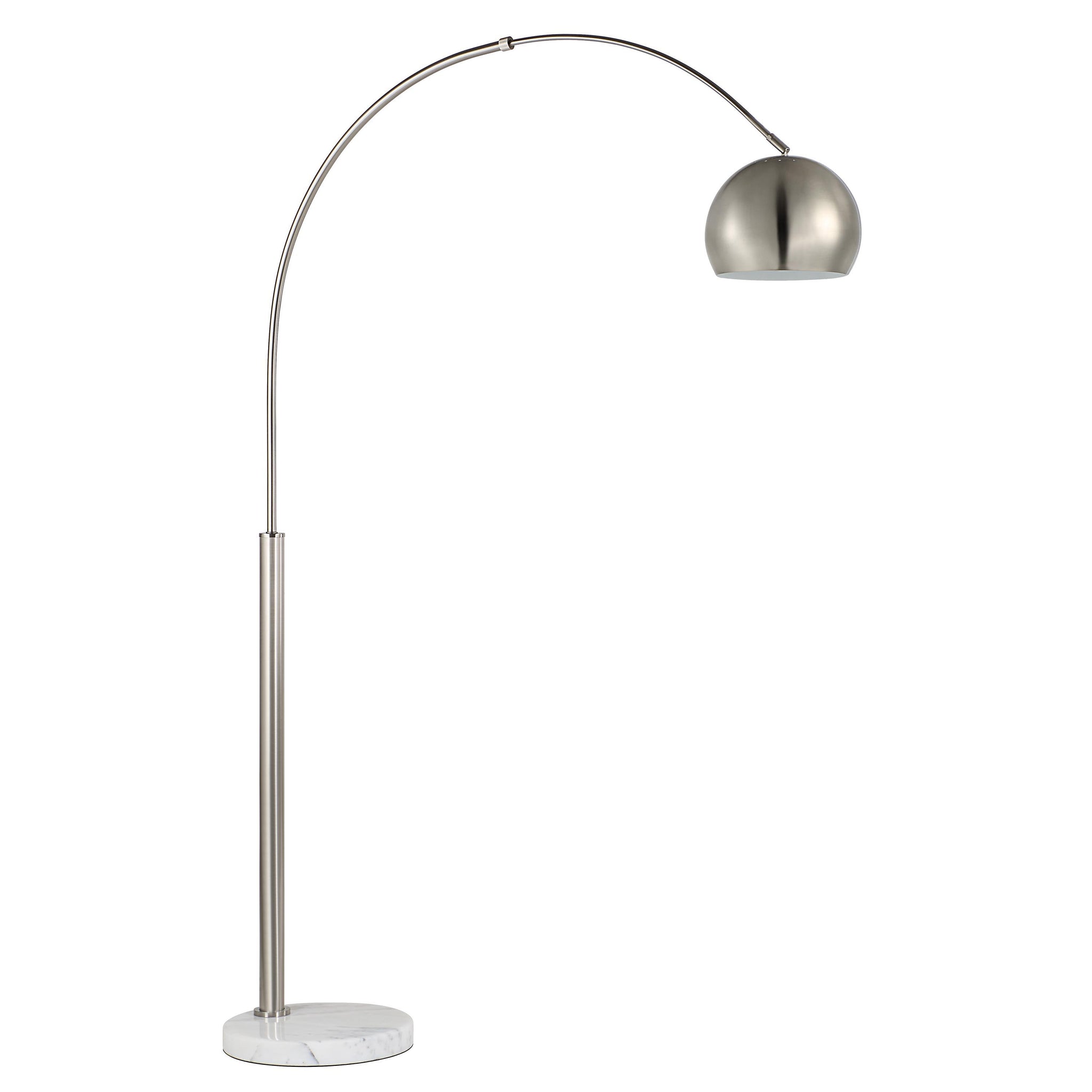 Aglow floor lamp with a sleek curved design, metallic shade, and marble base.