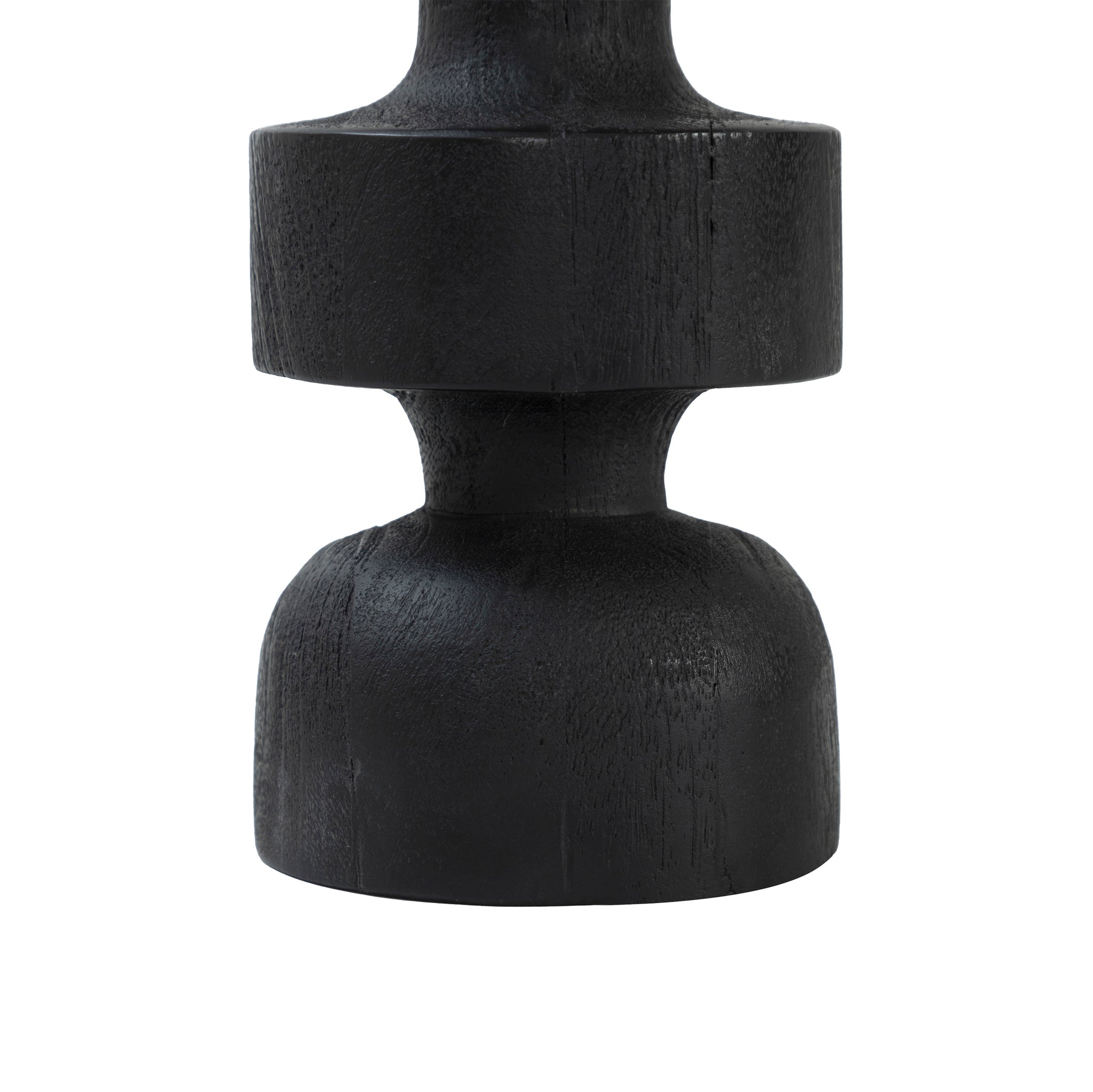 Close-up of Beckton statue by Renwil, black color, showcasing rounded base and textured surface.