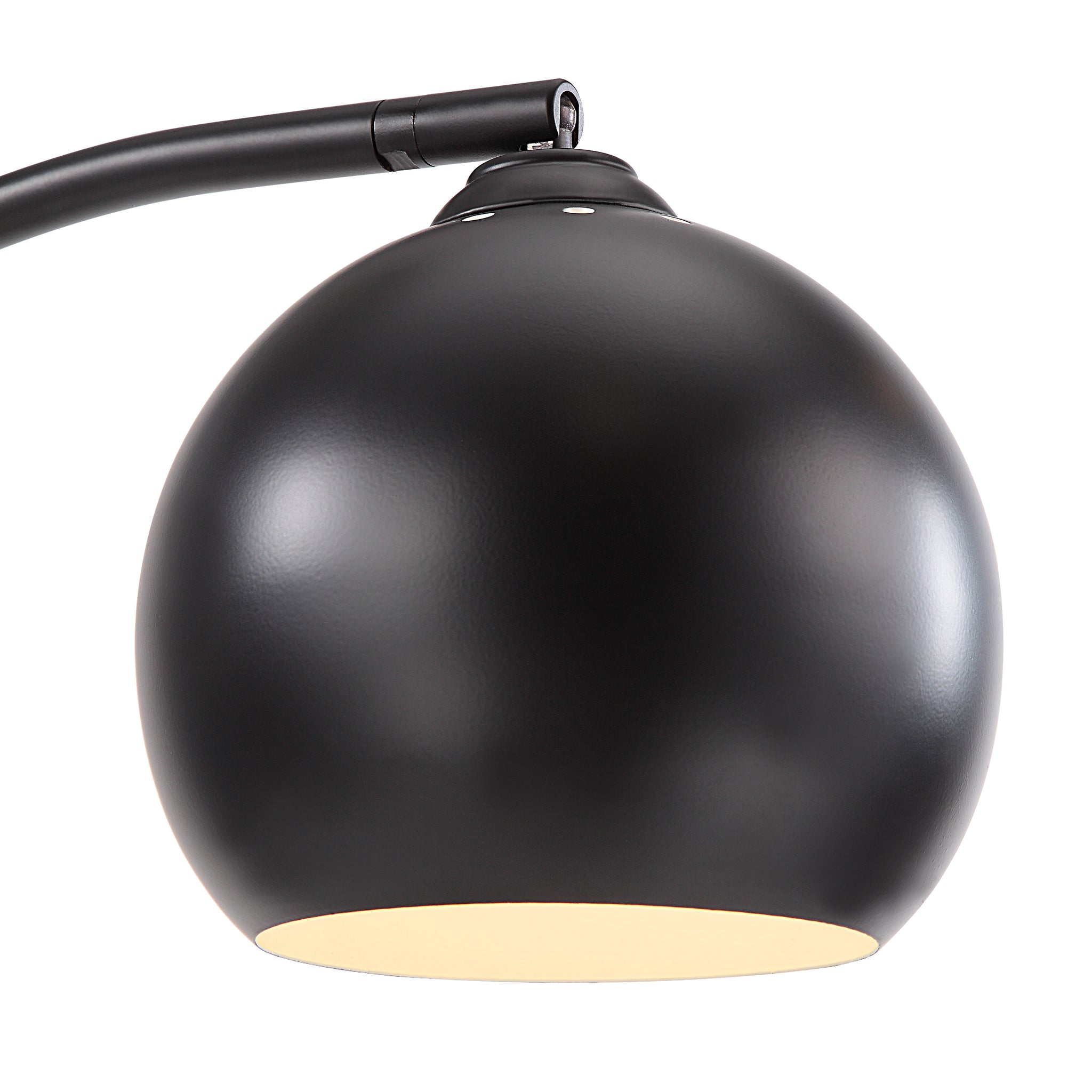 Folia Floor Lamp with a matte black spherical shade and a curved arm, showcasing a modern design.