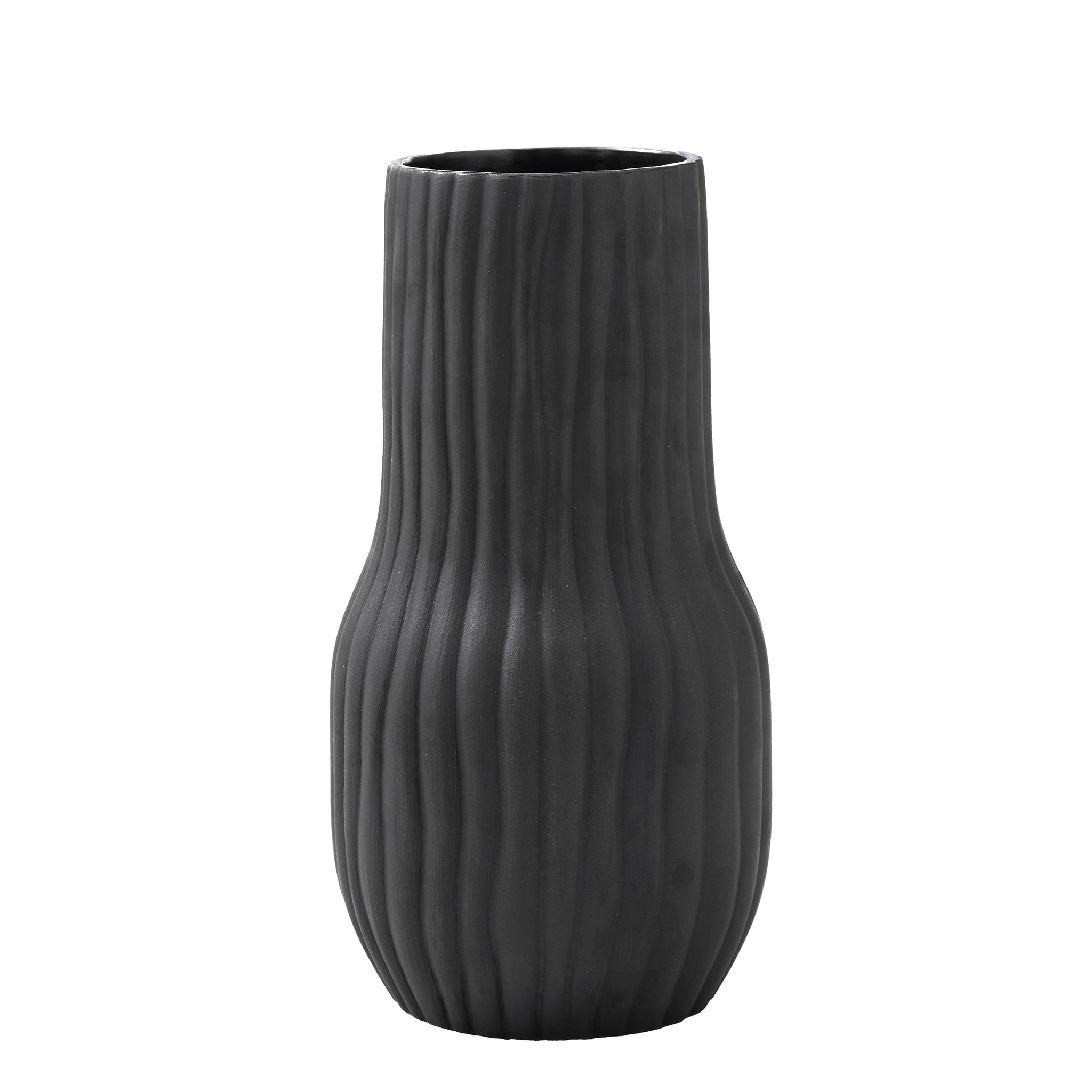 Nocera Vase by Renwil, tall black ceramic vase with vertical ribbed texture