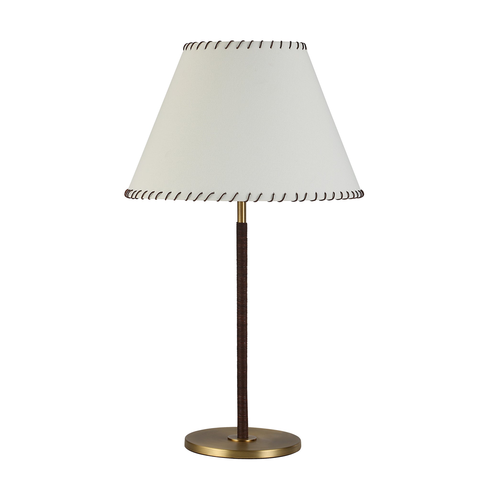 Camelia Table Lamp with white shade and brown woven base, featuring a gold metal stand.