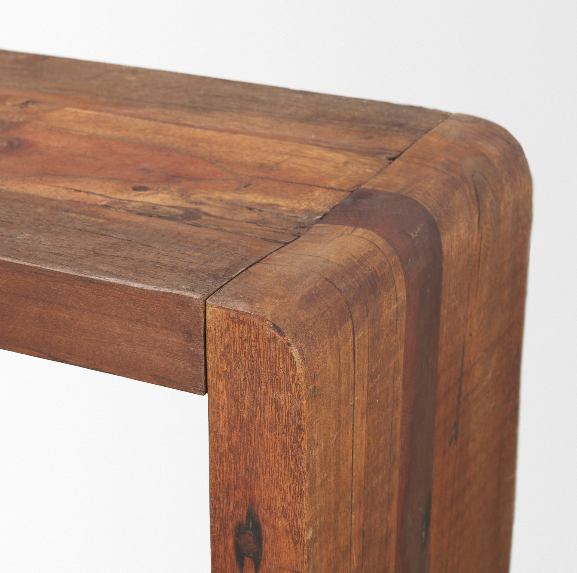 Estelle Rustic Brown Reclaimed Wood Console Table viewed from the side.