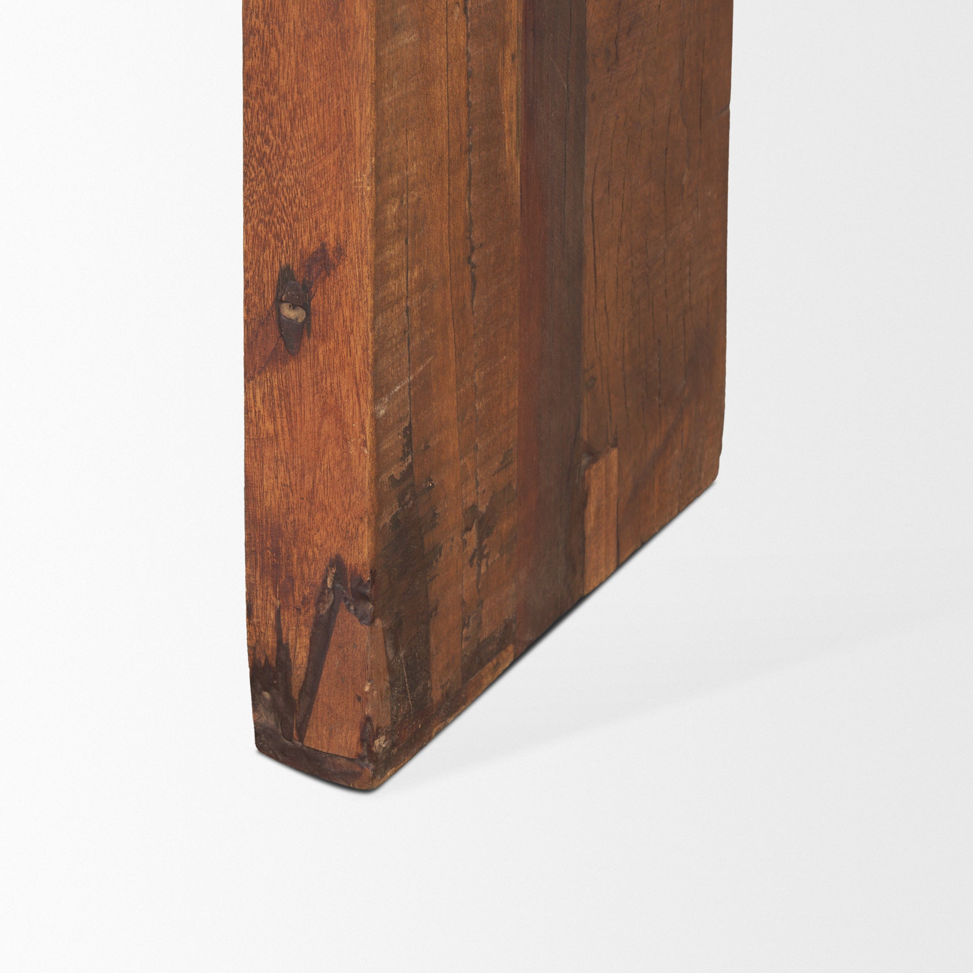 Estelle Rustic Brown Reclaimed Wood Console Table shown from a different angle to reveal its silhouette.