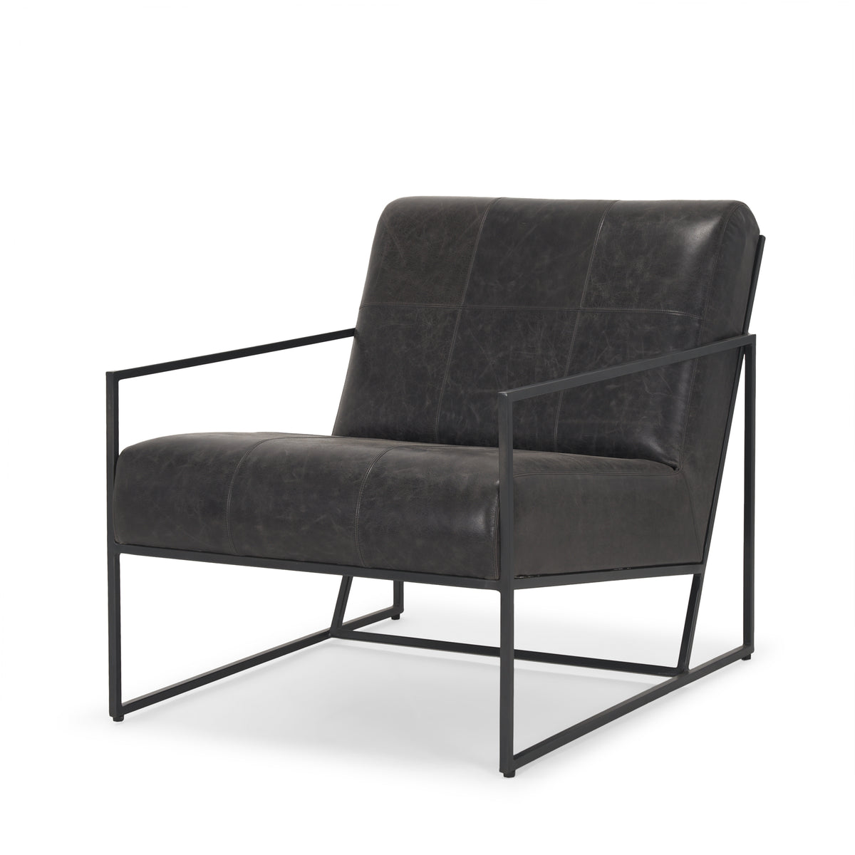 Stratton Gunmetal w/ Genuine Aged Black Leather Upholstered Accent Chair — a Mercana accent chair at Laurie Yapp Home.