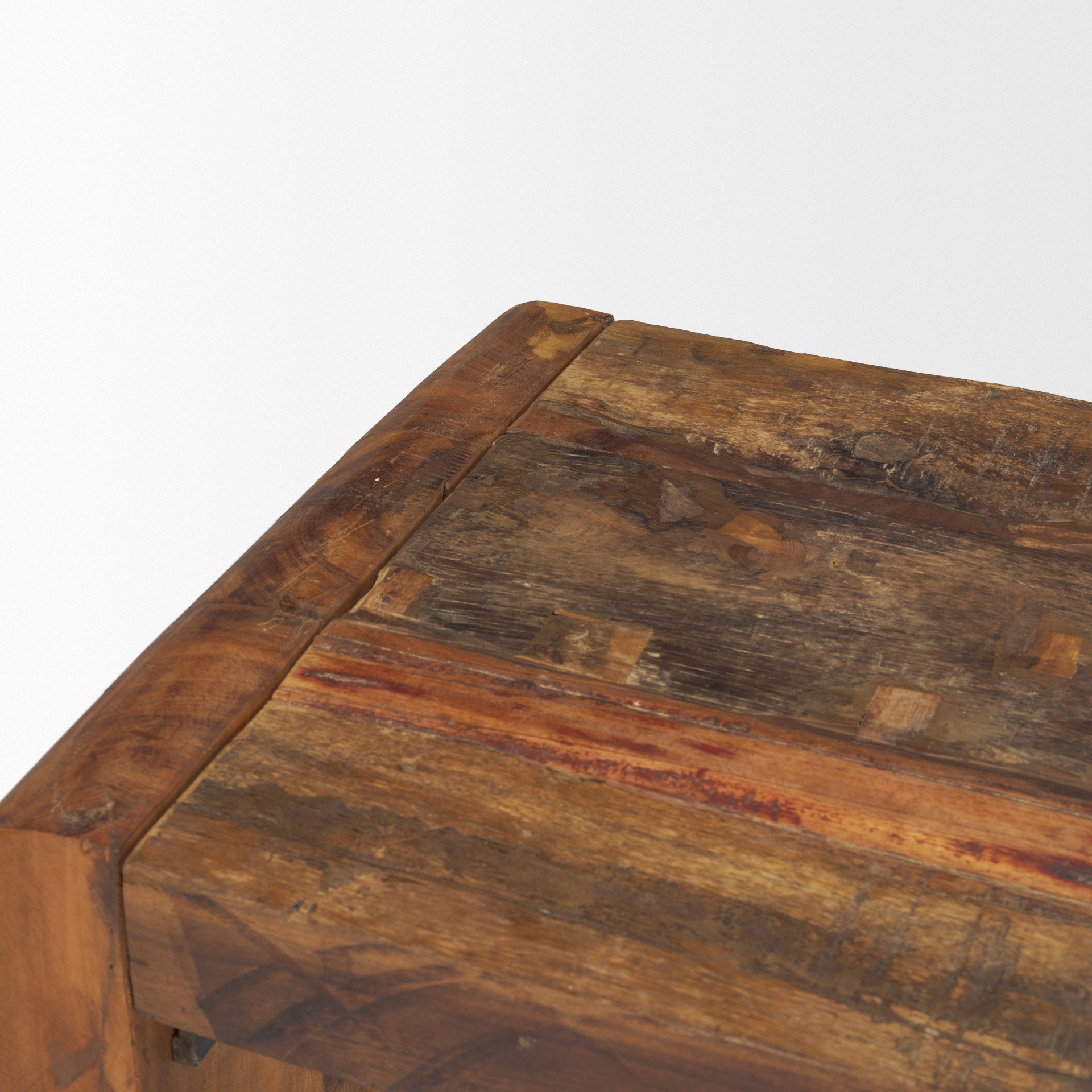 Profile view of the Estelle Rustic Brown Reclaimed Wood Bench.